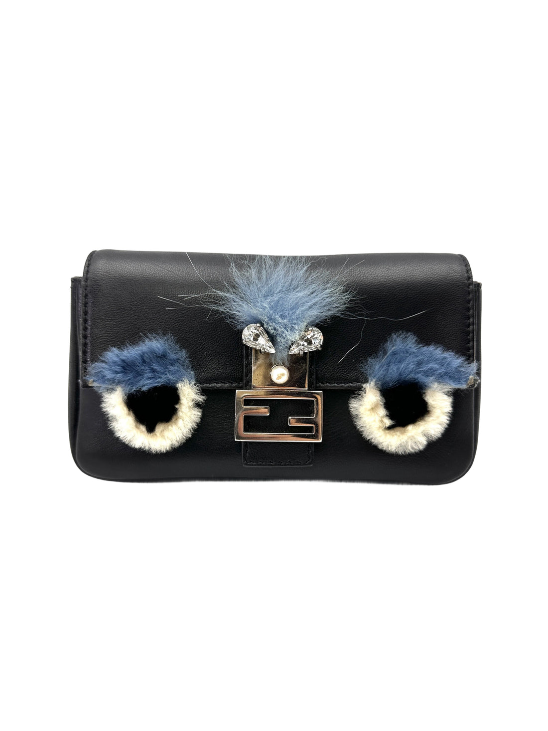 Fendi Monster Eyes Micro Double Baguette Black Leather Shoulder Bag FF116