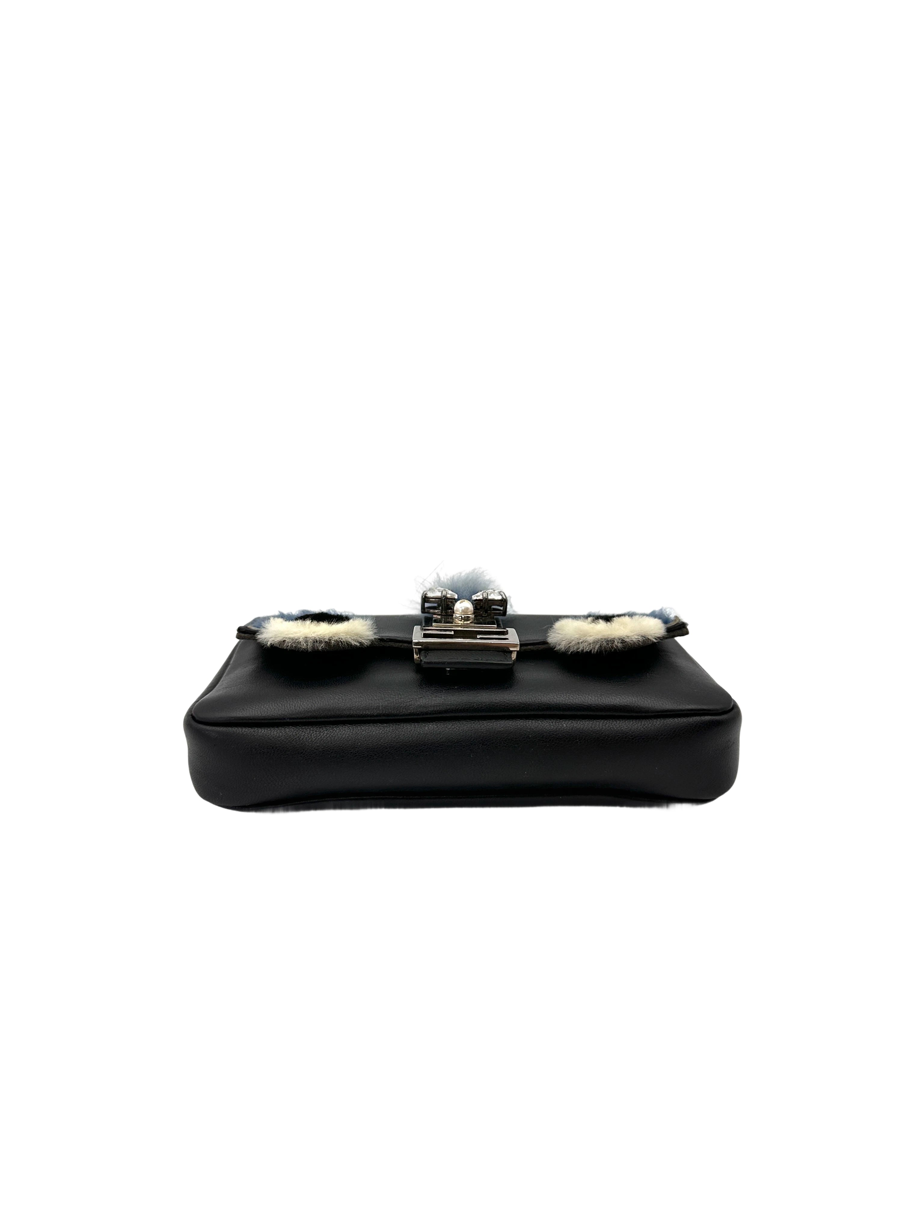 Fendi Monster Eyes Micro Double Baguette Black Leather Shoulder Bag FF116