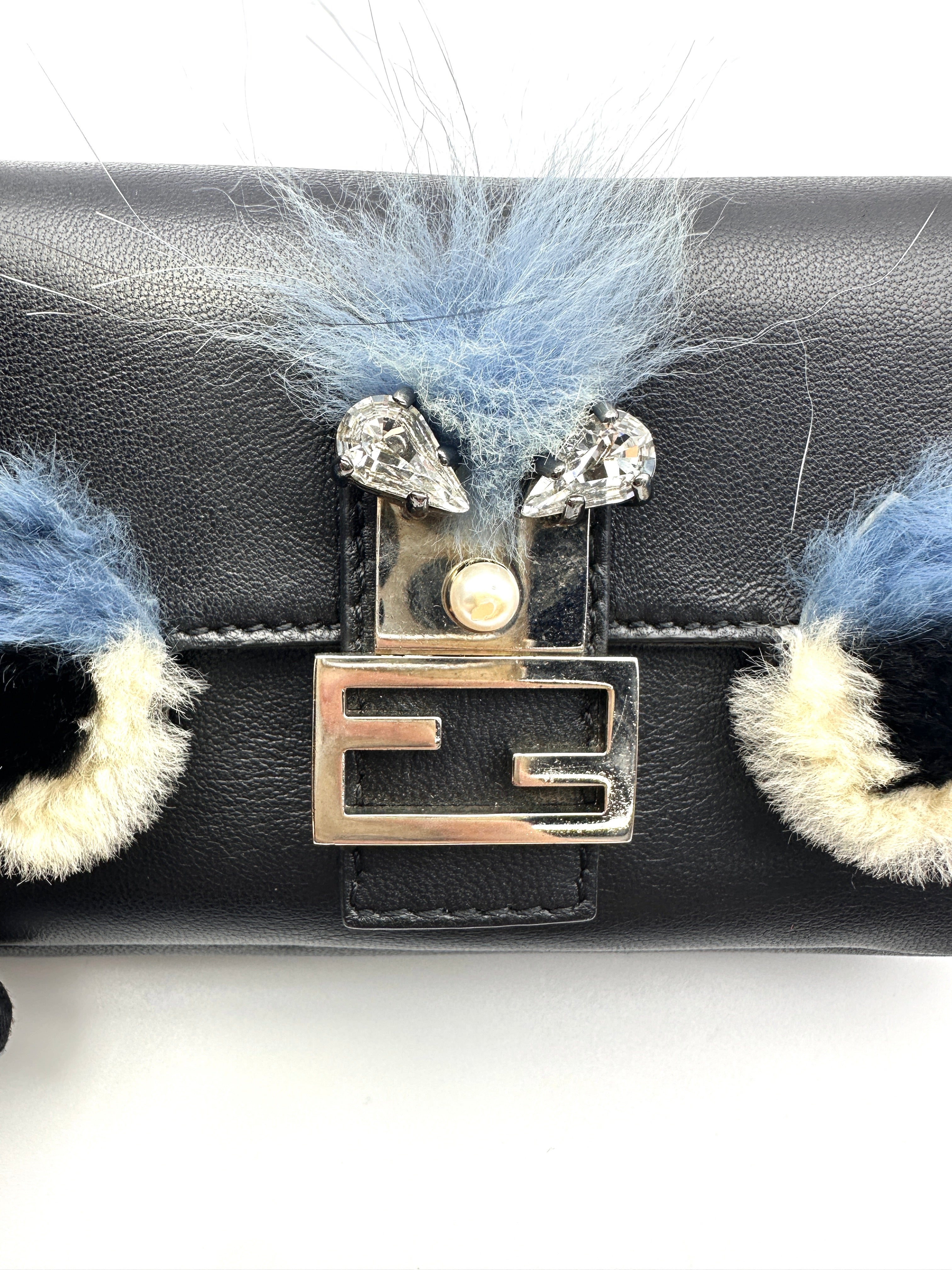 Fendi Monster Eyes Micro Double Baguette Black Leather Shoulder Bag FF116