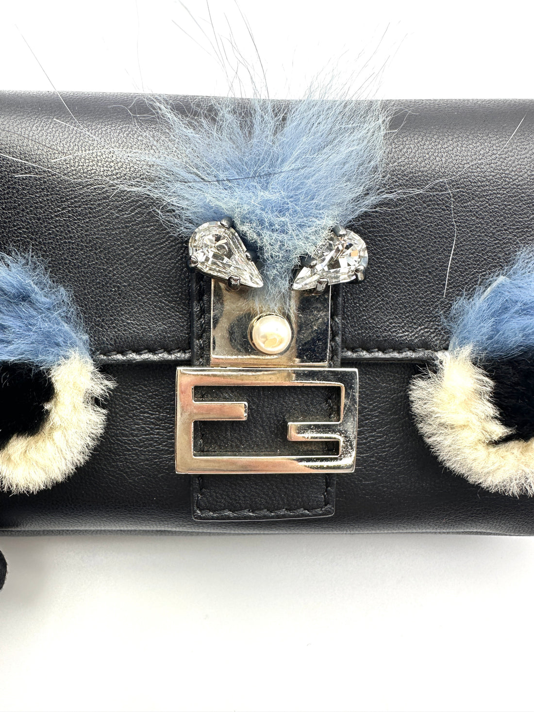 Fendi Monster Eyes Micro Double Baguette Black Leather Shoulder Bag FF116