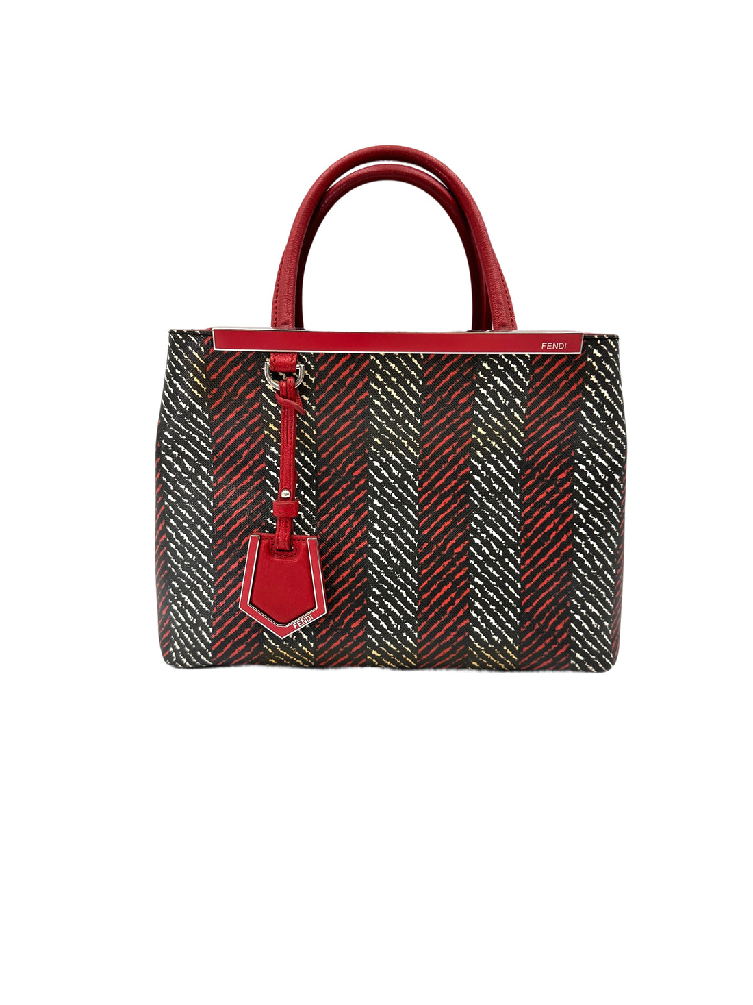 Fendi Petite 2Jour Striped Black/Red Leather Tote Handle Bag FF115