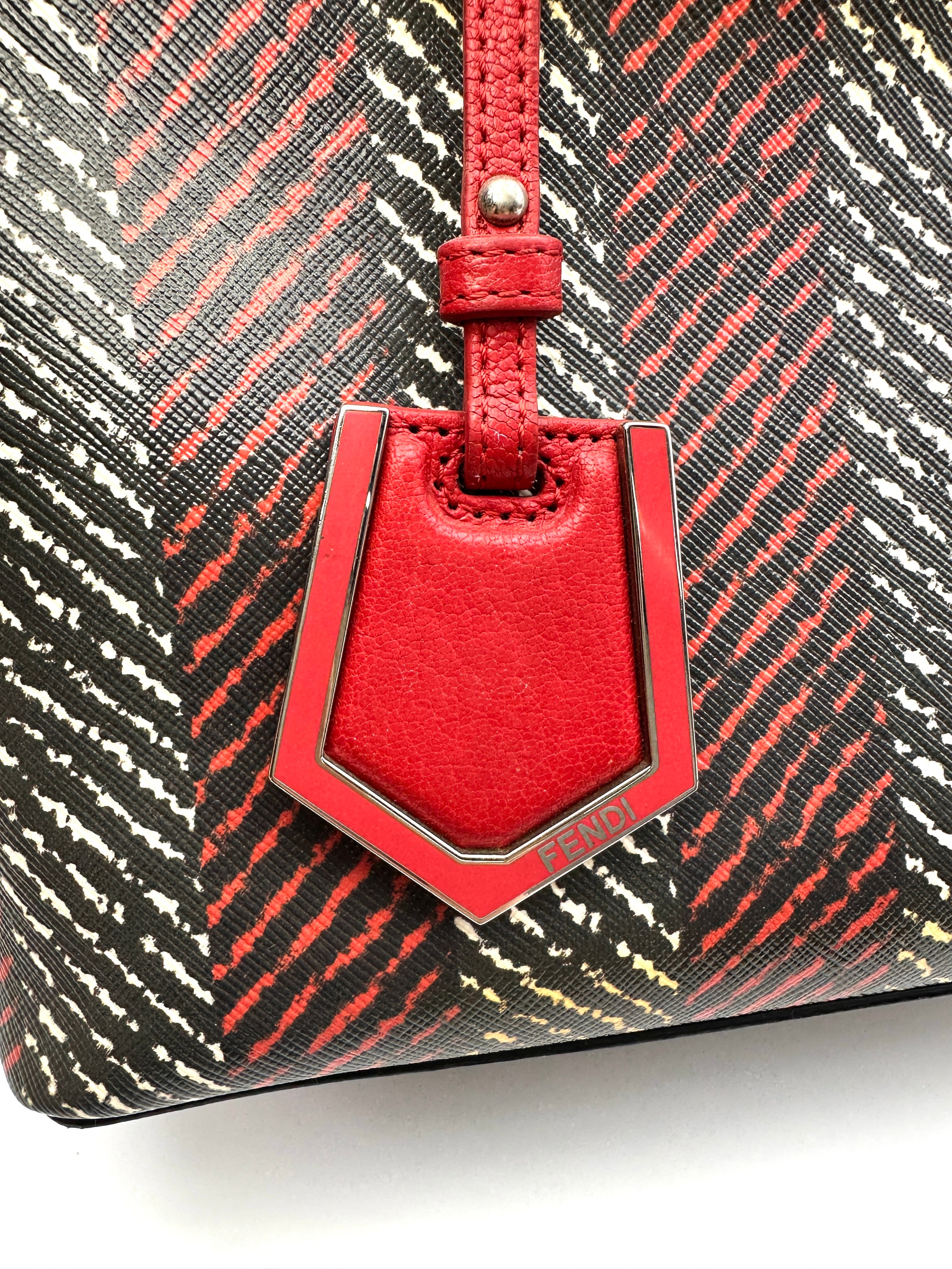 Fendi Petite 2Jour Striped Black/Red Leather Tote Handle Bag FF115
