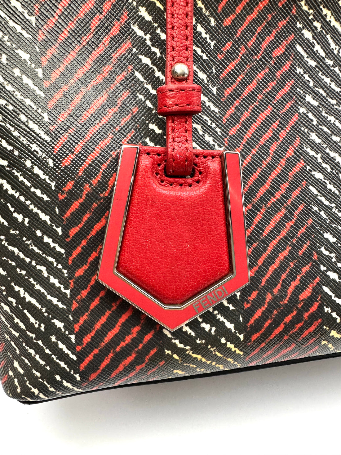 Fendi Petite 2Jour Striped Black/Red Leather Tote Handle Bag FF115