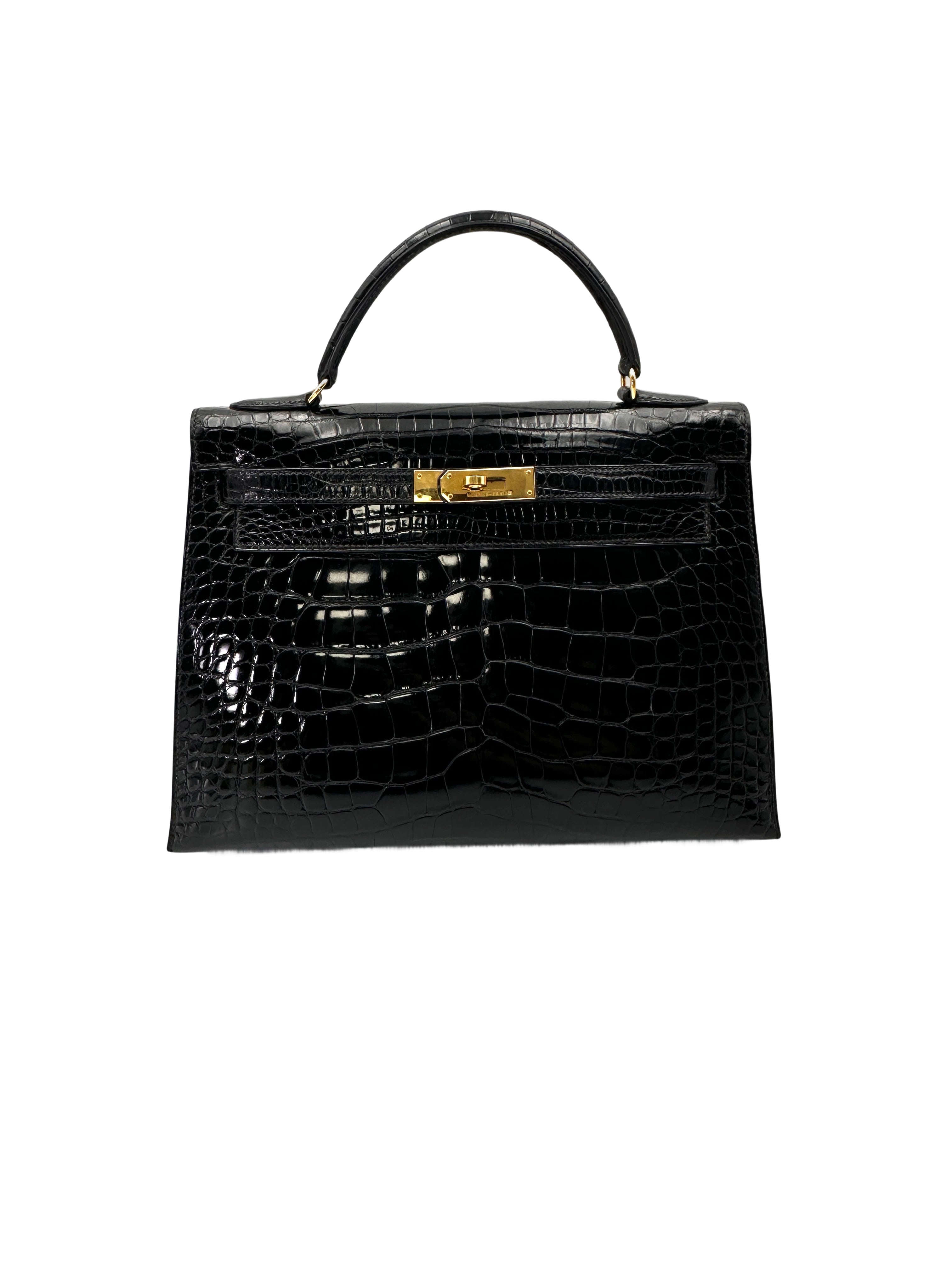 Hermes Kelly32 Black Shiny Crocodile Leather Top Handle Bag With Gold Hardware HR117