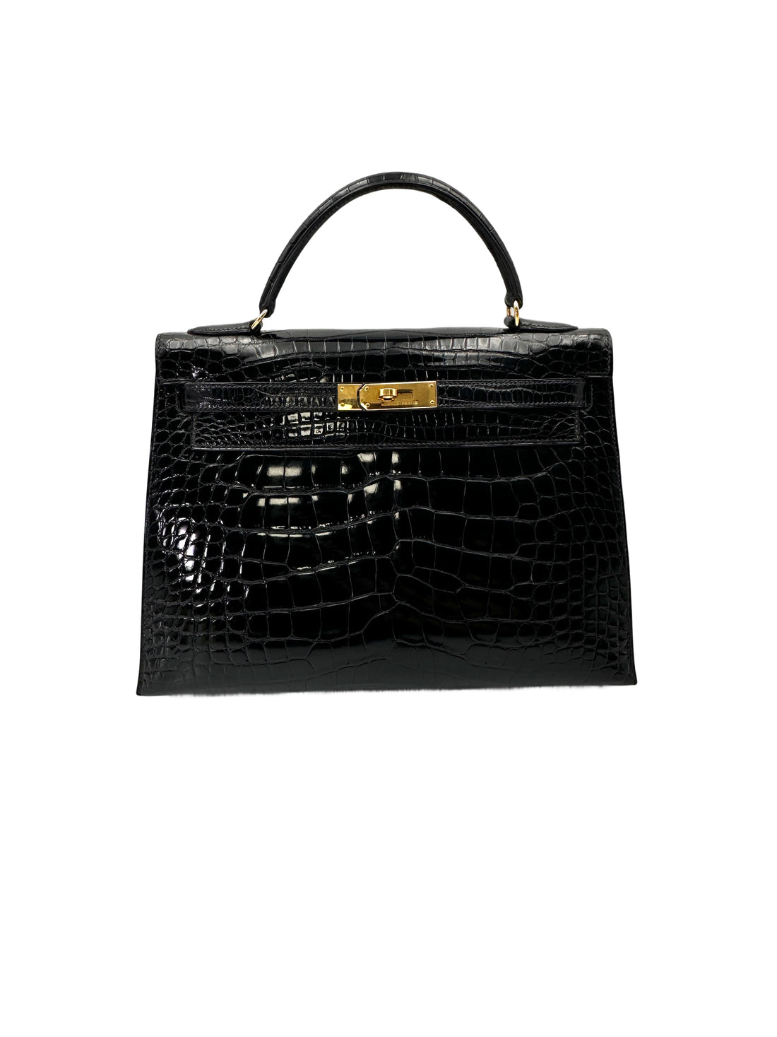 Hermes Kelly32 Black Shiny Crocodile Leather Top Handle Bag With Gold Hardware HR117
