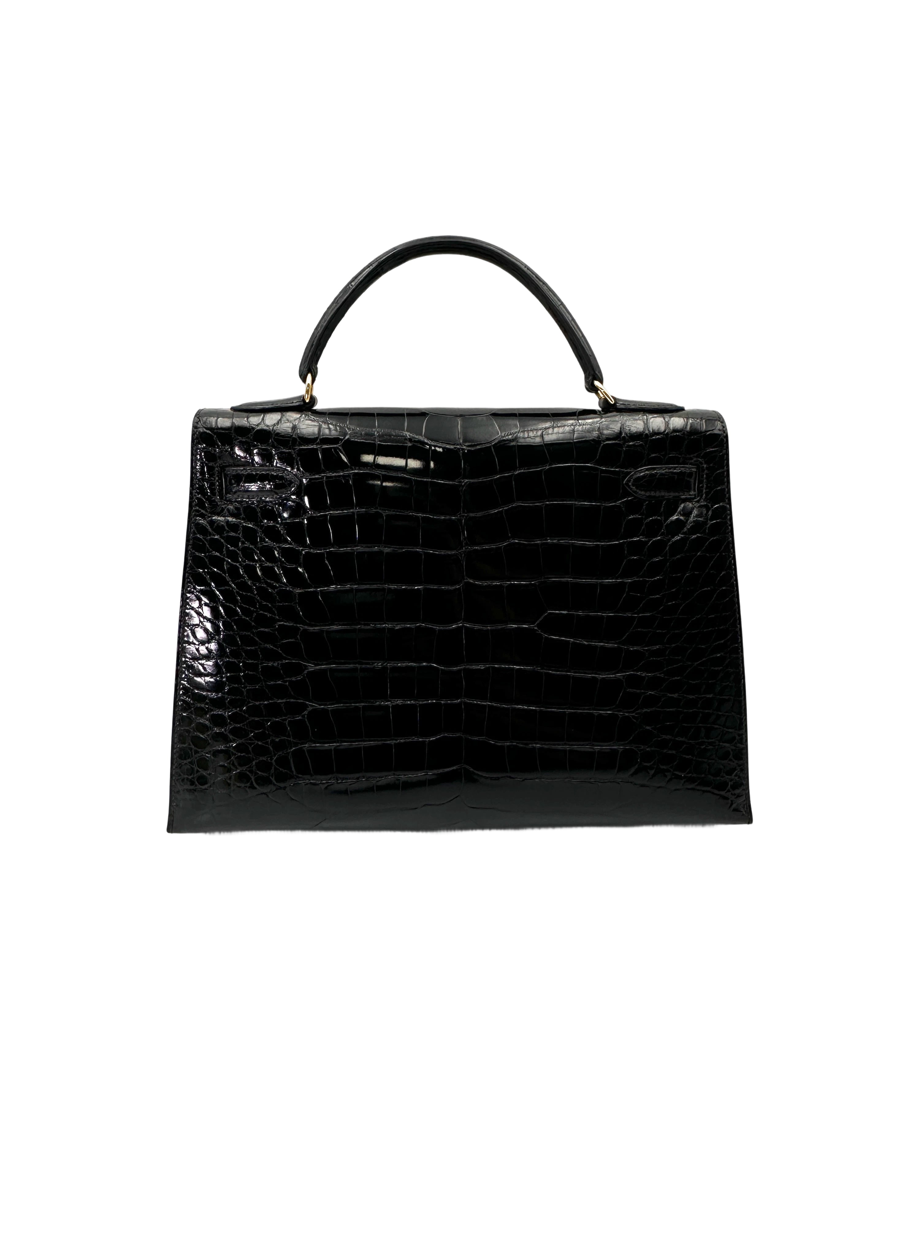 Hermes Kelly32 Black Shiny Crocodile Leather Top Handle Bag With Gold Hardware HR117