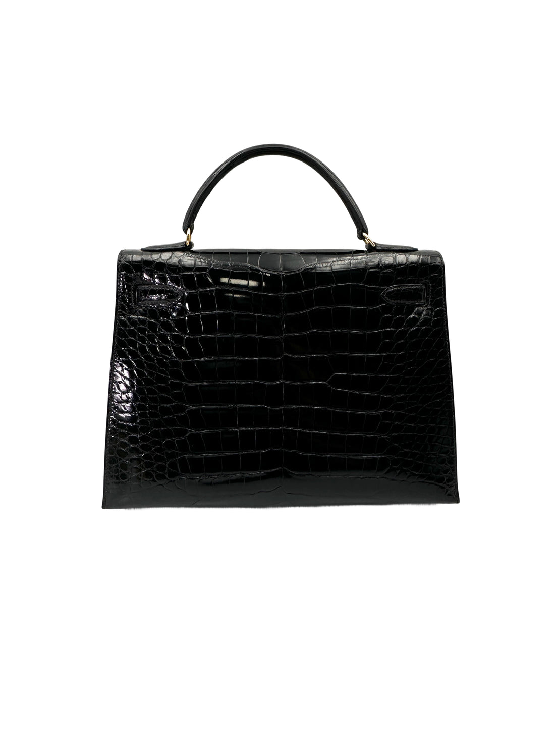 Hermes Kelly32 Black Shiny Crocodile Leather Top Handle Bag With Gold Hardware HR117