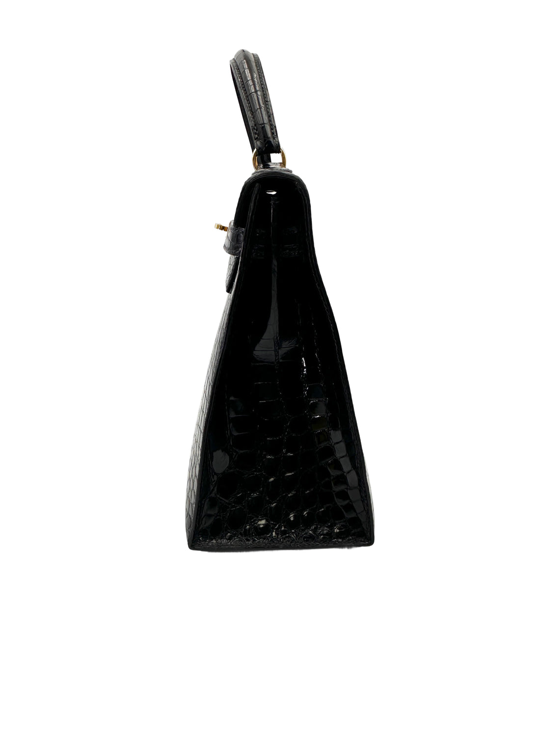 Hermes Kelly32 Black Shiny Crocodile Leather Top Handle Bag With Gold Hardware HR117