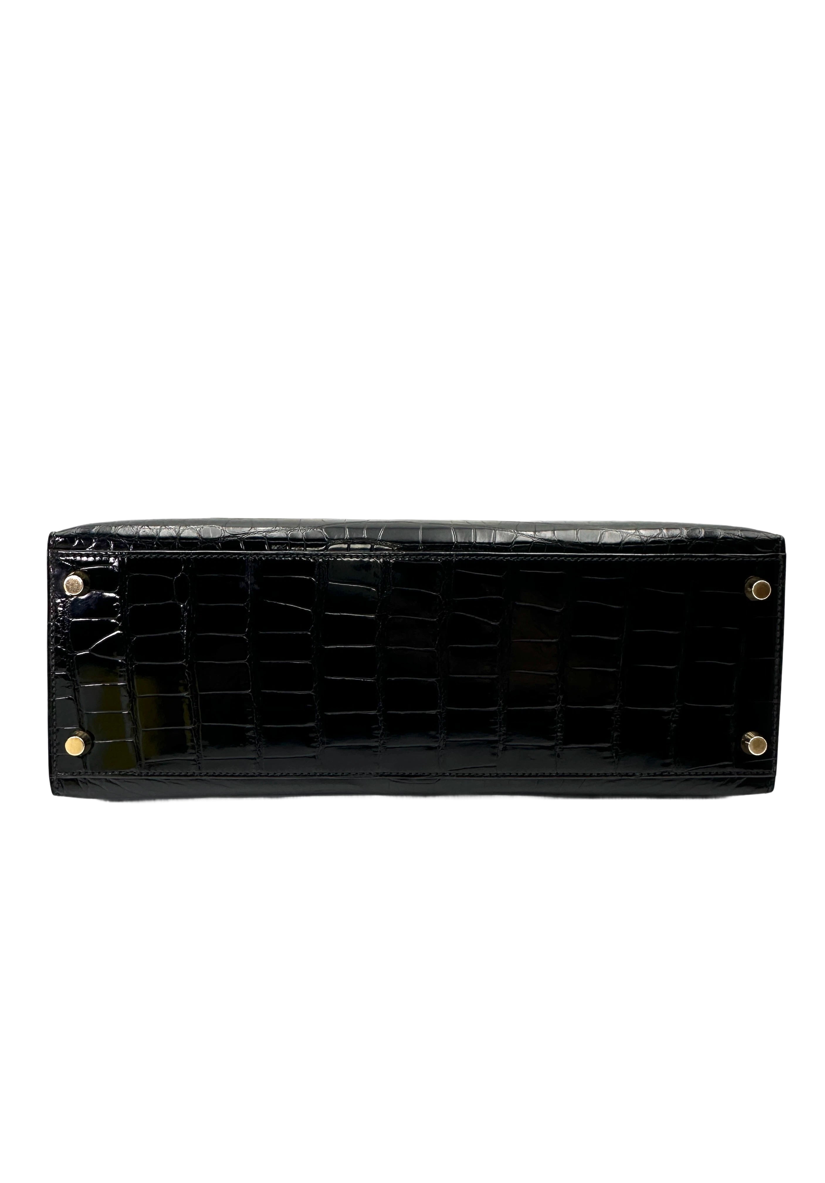 Hermes Kelly32 Black Shiny Crocodile Leather Top Handle Bag With Gold Hardware HR117