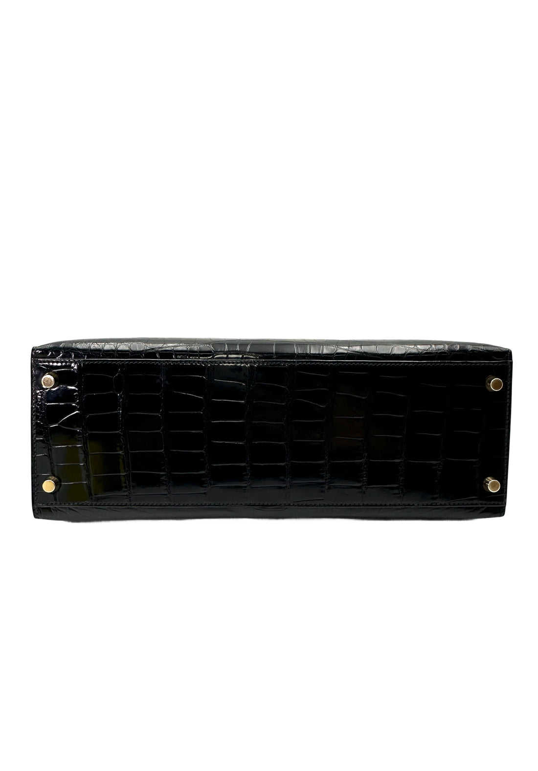 Hermes Kelly32 Black Shiny Crocodile Leather Top Handle Bag With Gold Hardware HR117