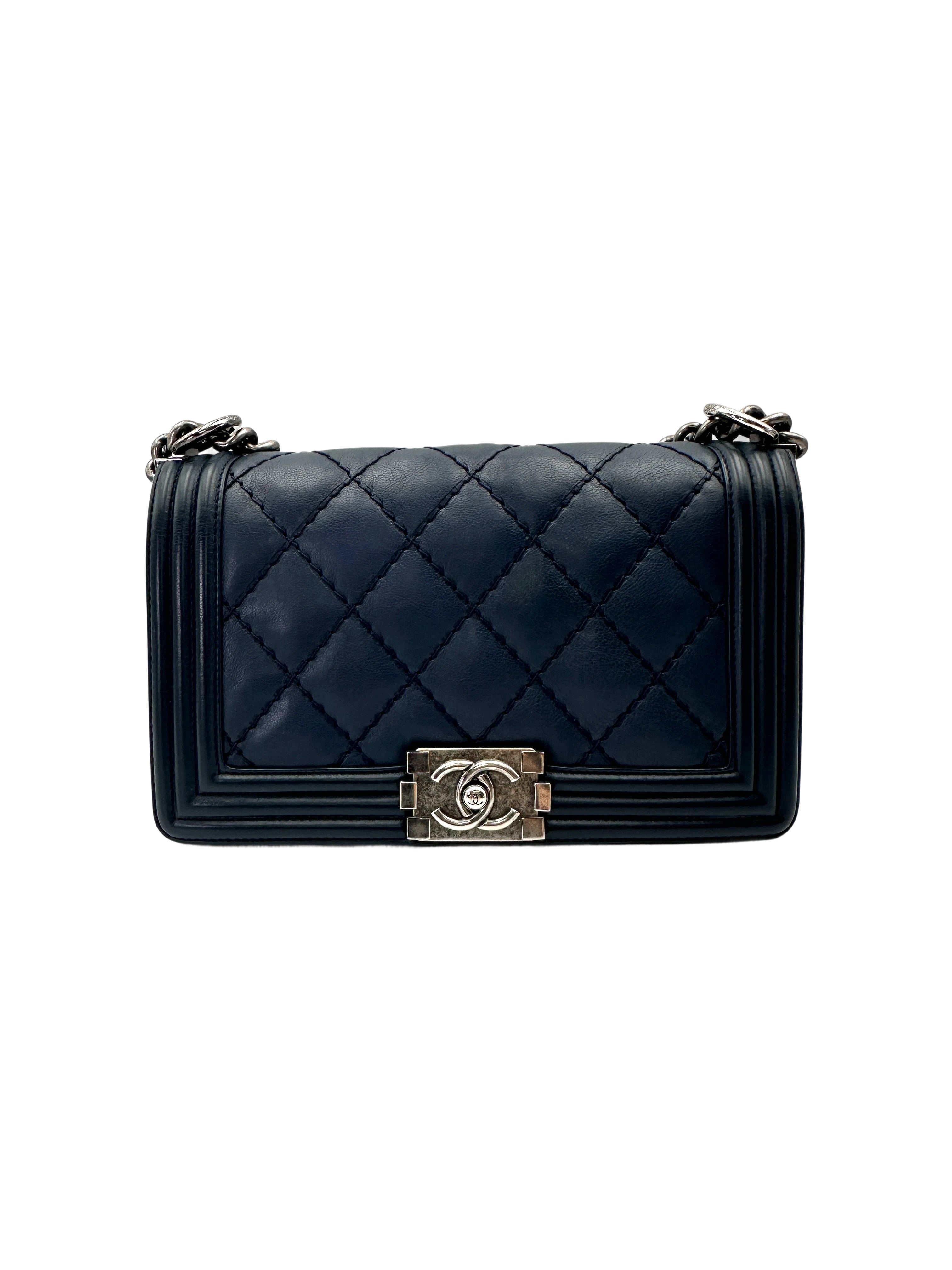 Chanel LeBoy Navy Quilted Calfskin Medium Size Flap Bag With Silver Buckle(19***14) CC2073