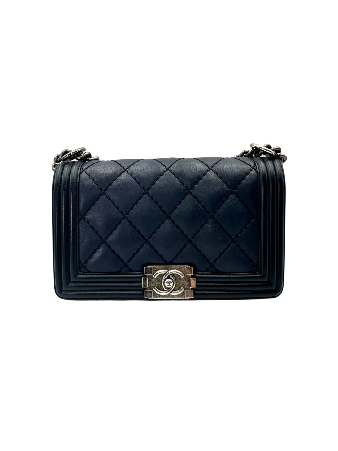 Chanel LeBoy Navy Quilted Calfskin Medium Size Flap Bag With Silver Buckle(19***14) CC2073