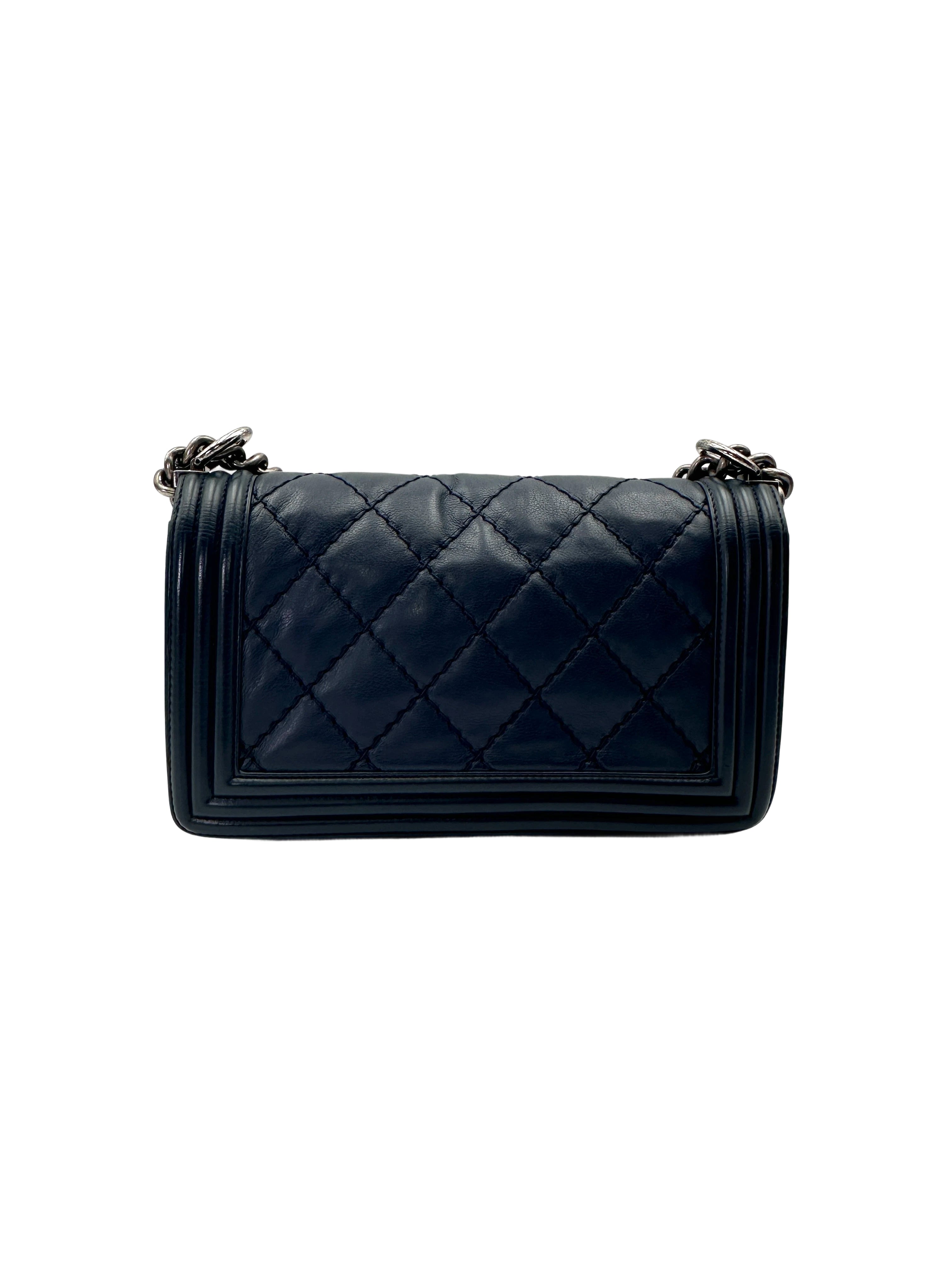 Chanel LeBoy Navy Quilted Calfskin Medium Size Flap Bag With Silver Buckle(19***14) CC2073