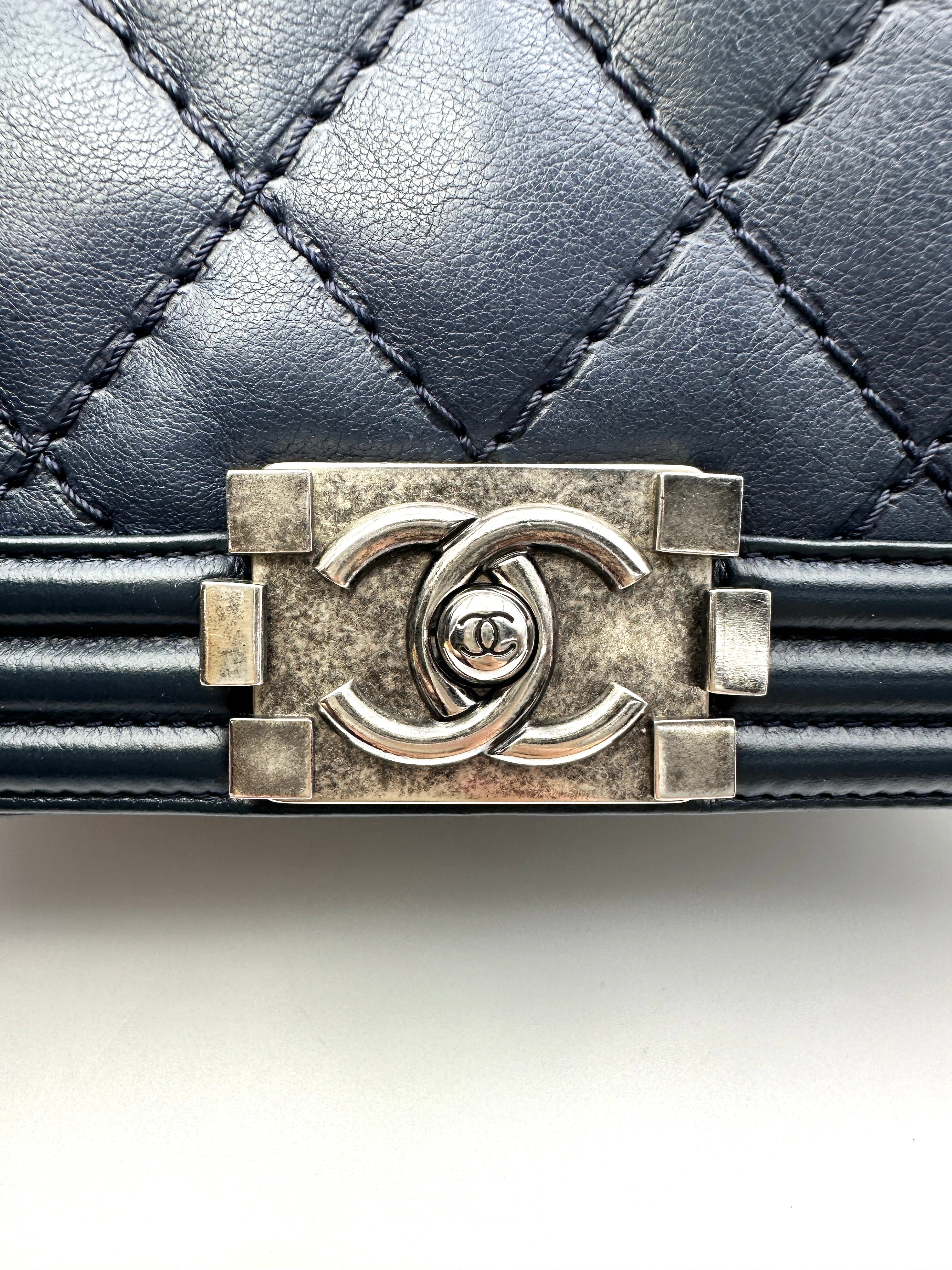 Chanel LeBoy Navy Quilted Calfskin Medium Size Flap Bag With Silver Buckle(19***14) CC2073