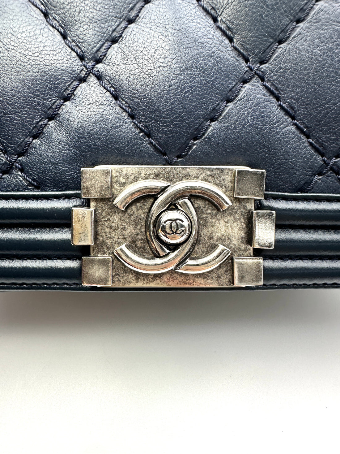 Chanel LeBoy Navy Quilted Calfskin Medium Size Flap Bag With Silver Buckle(19***14) CC2073