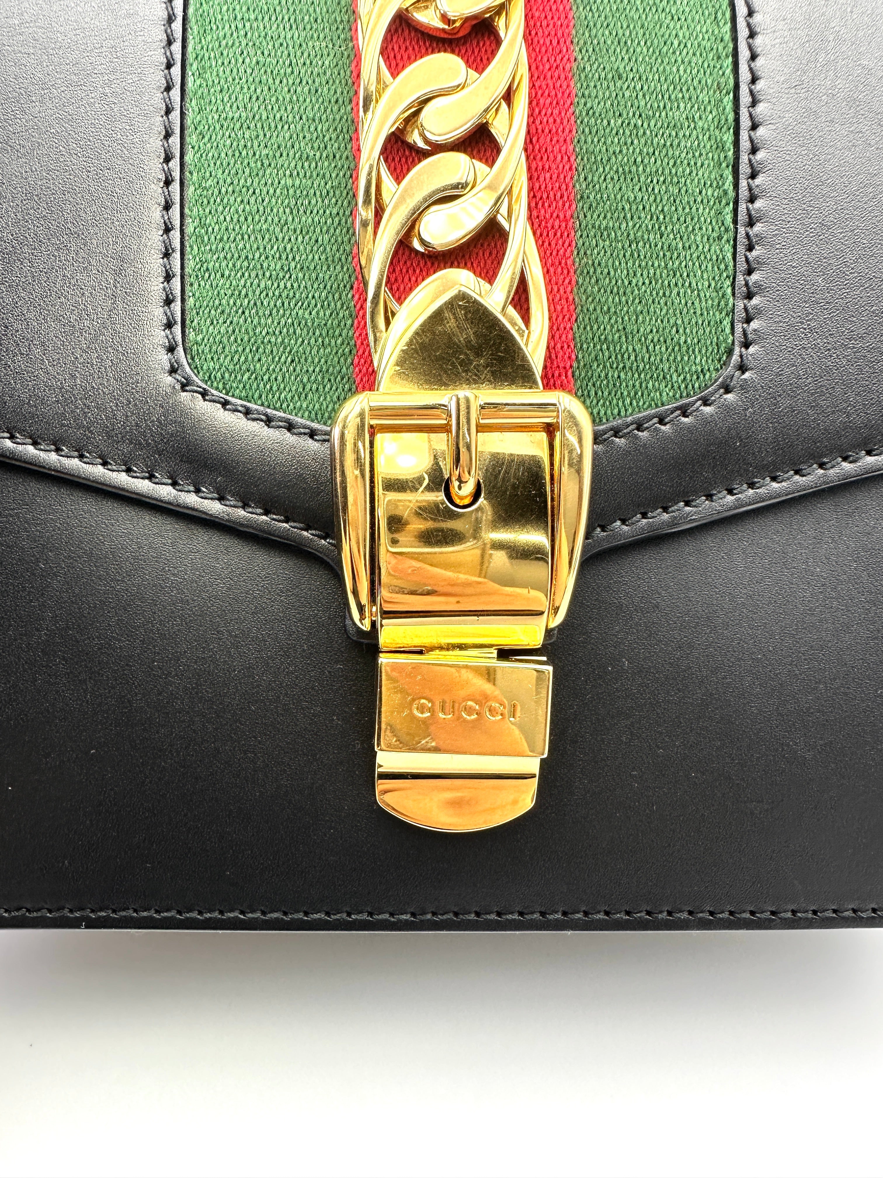 Gucci Sylvie Black Leather Medium Size Shoulder Bag GG1165