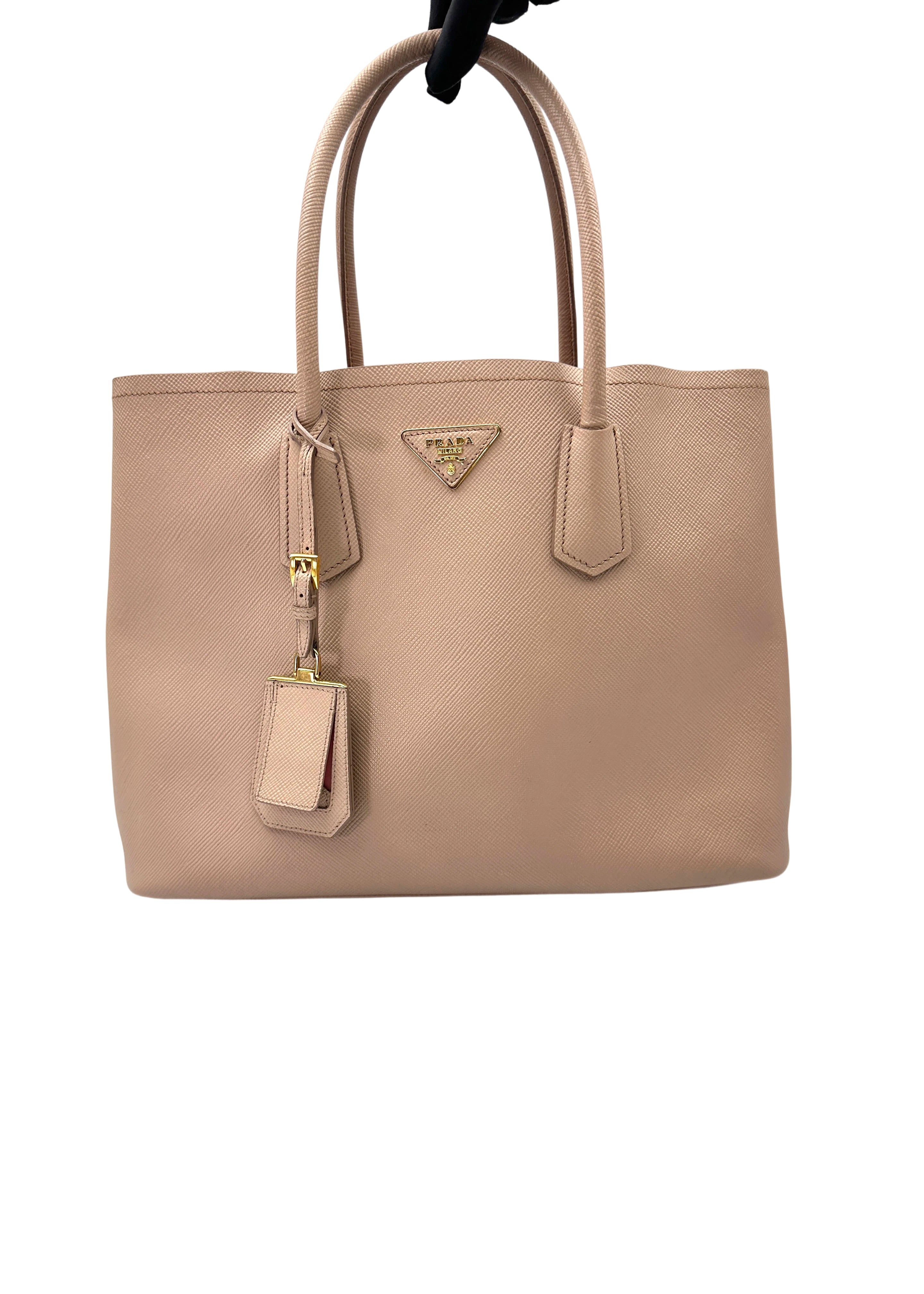 Prada Double Beige Saffiano Cuir Leather Handle Bag PR420