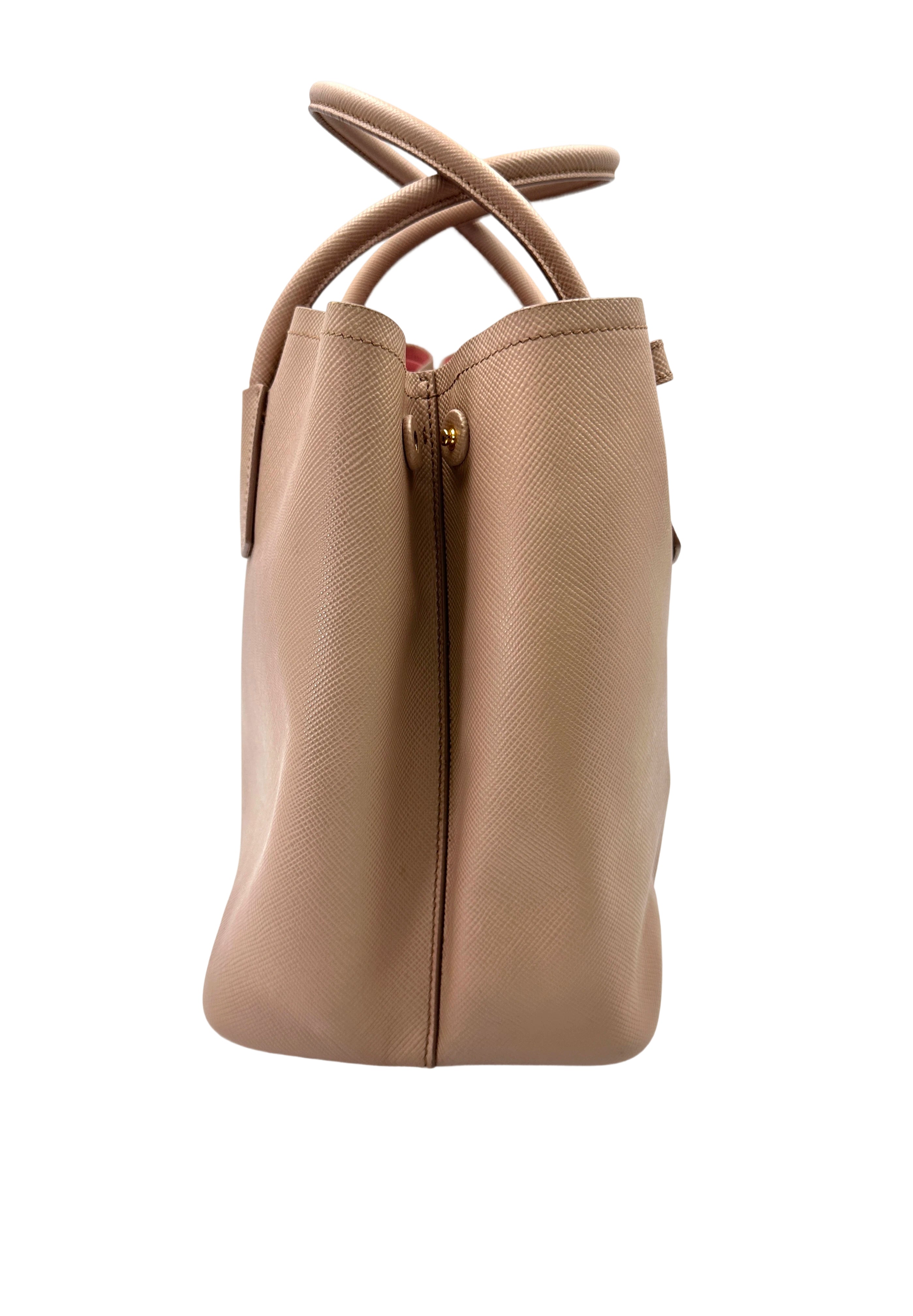 Prada Double Beige Saffiano Cuir Leather Handle Bag PR420