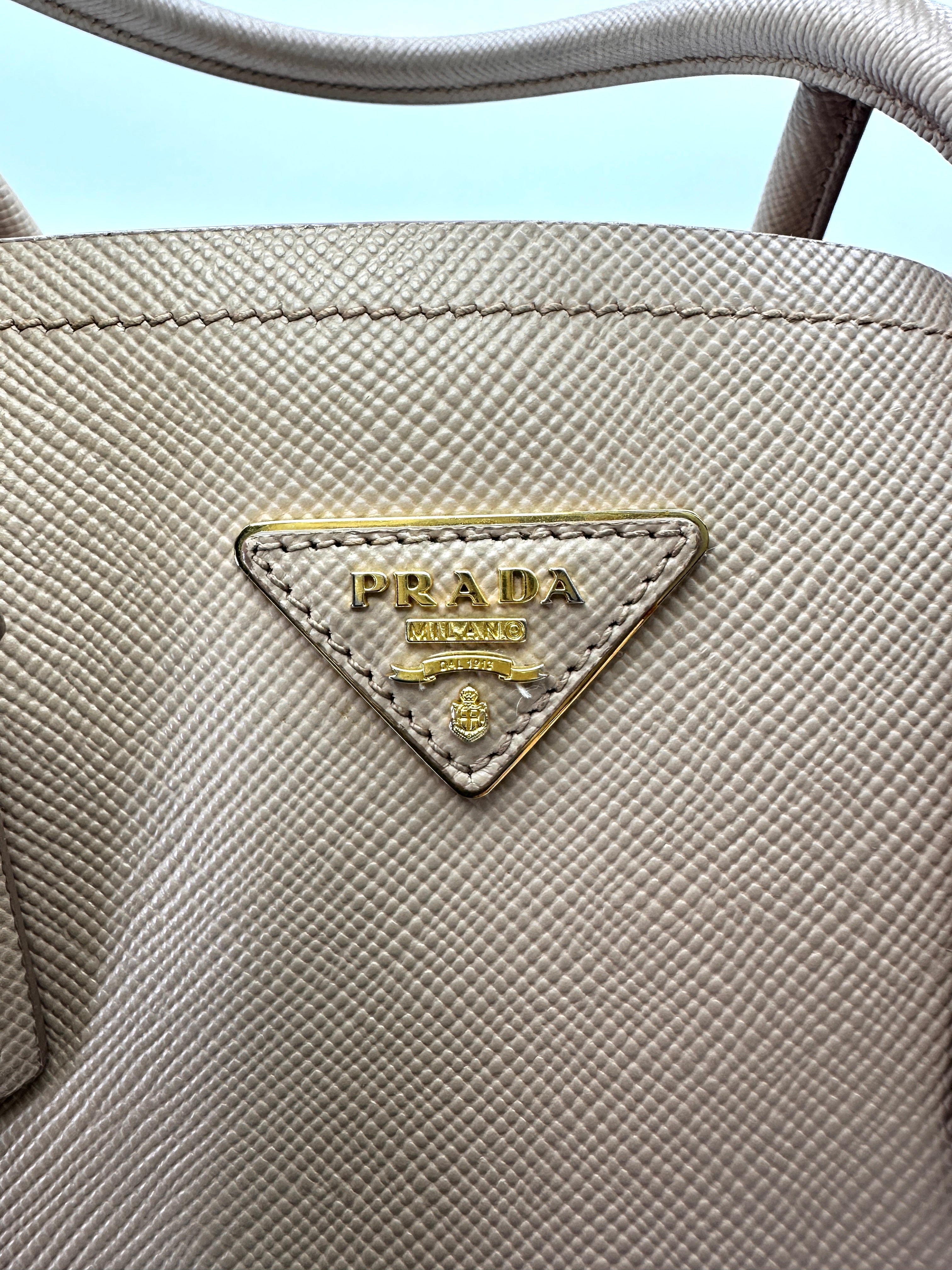 Prada Double Beige Saffiano Cuir Leather Handle Bag PR420