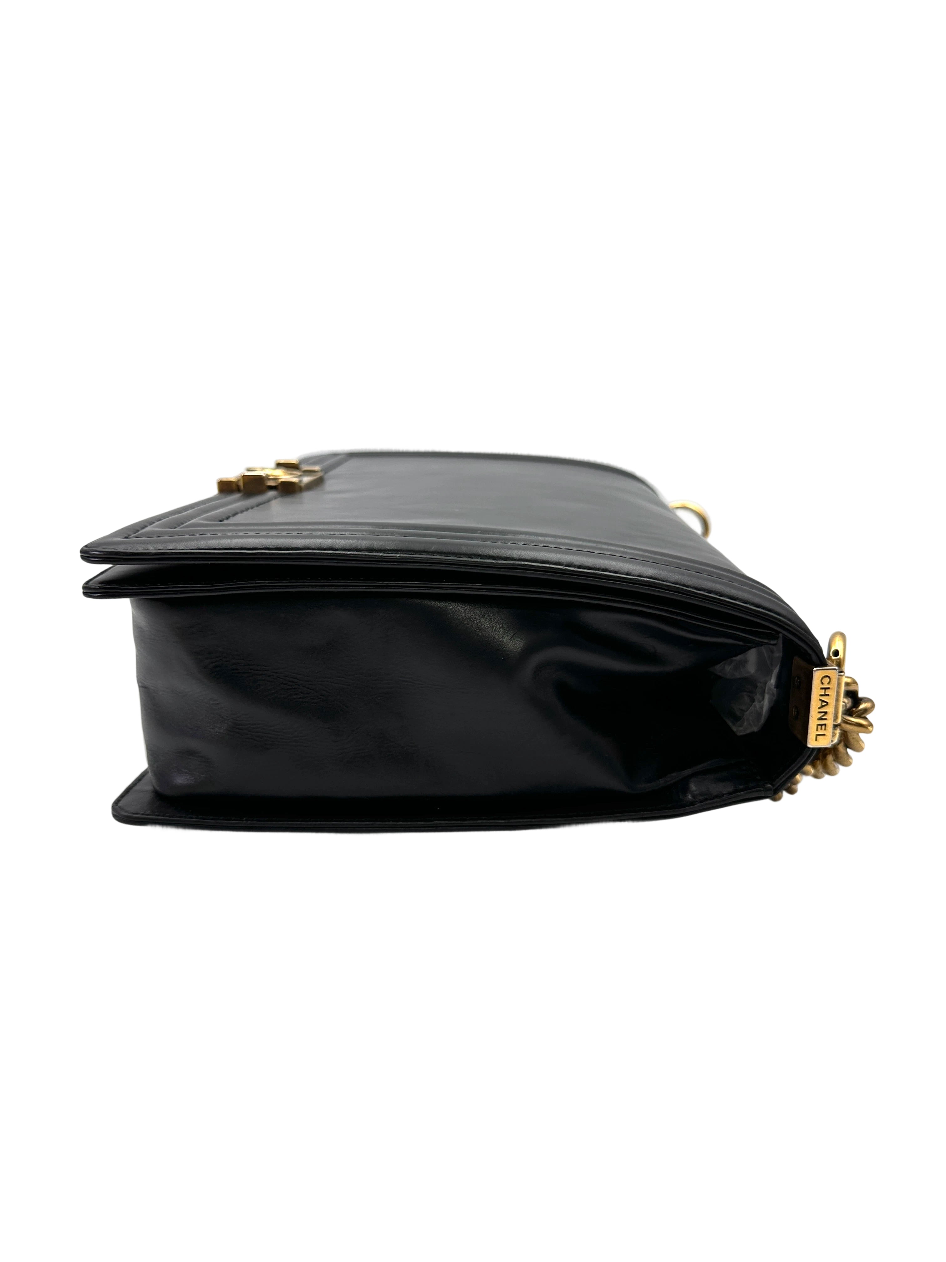 Chanel LeBoy Black Smooth Leather Large Size Flap Bag With Gold Buckle(15***59) CC2077
