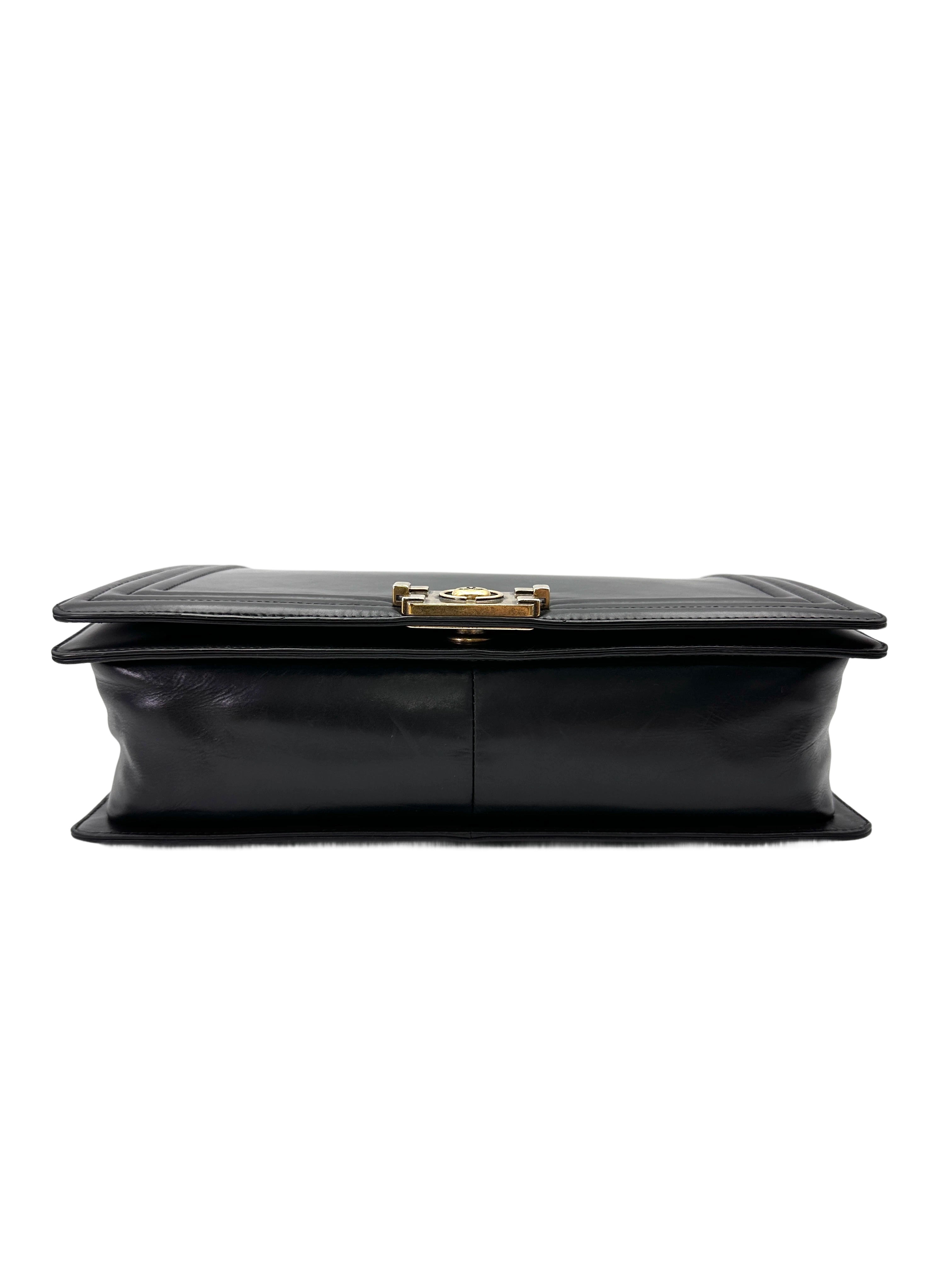 Chanel LeBoy Black Smooth Leather Large Size Flap Bag With Gold Buckle(15***59) CC2077