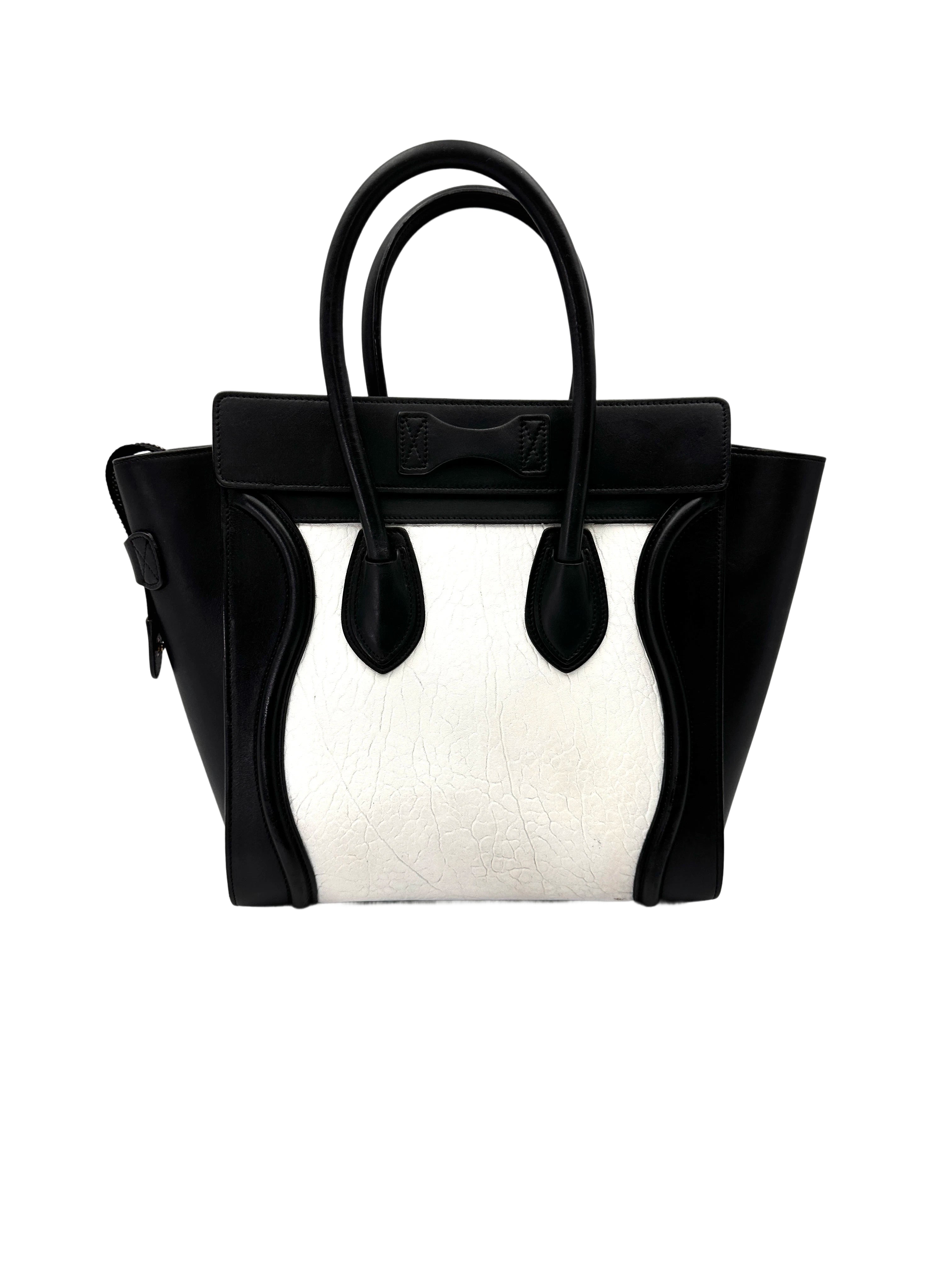 Celine Luggage Black/White Leather Medium Size Handle Bag CE169