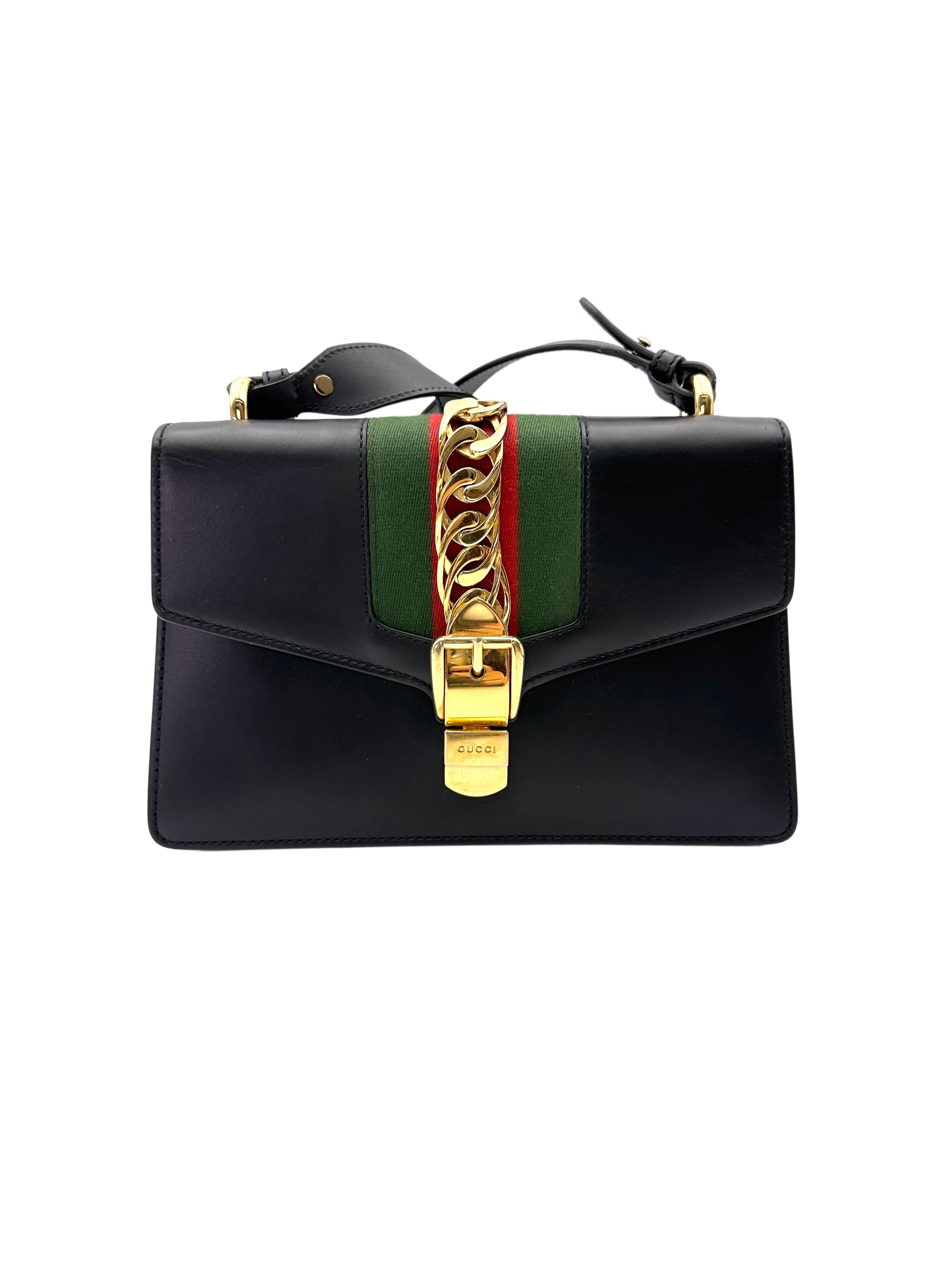 Gucci Sylvie Black Leather Medium Size Shoulder Bag GG1166