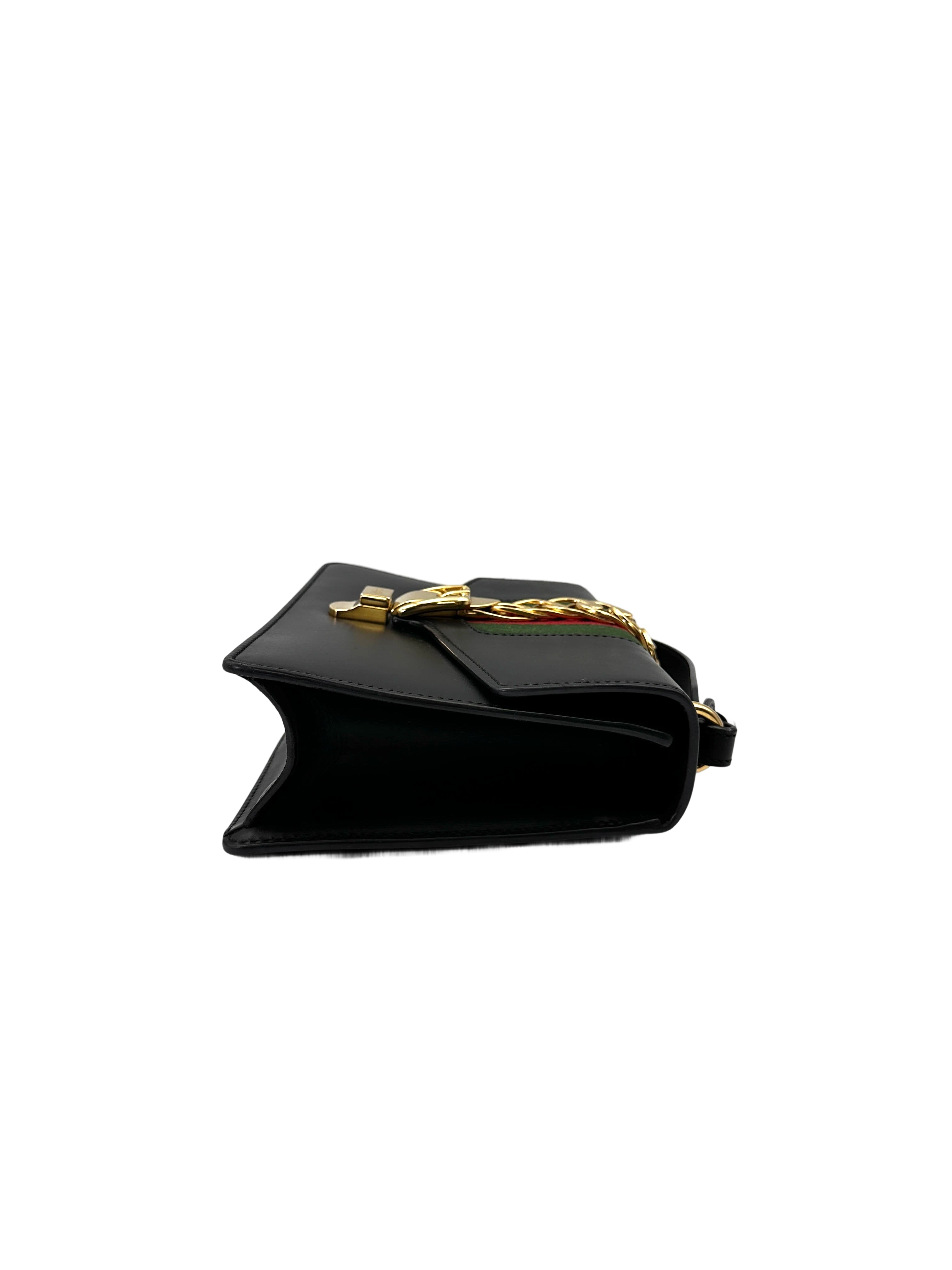 Gucci Sylvie Black Leather Medium Size Shoulder Bag GG1166