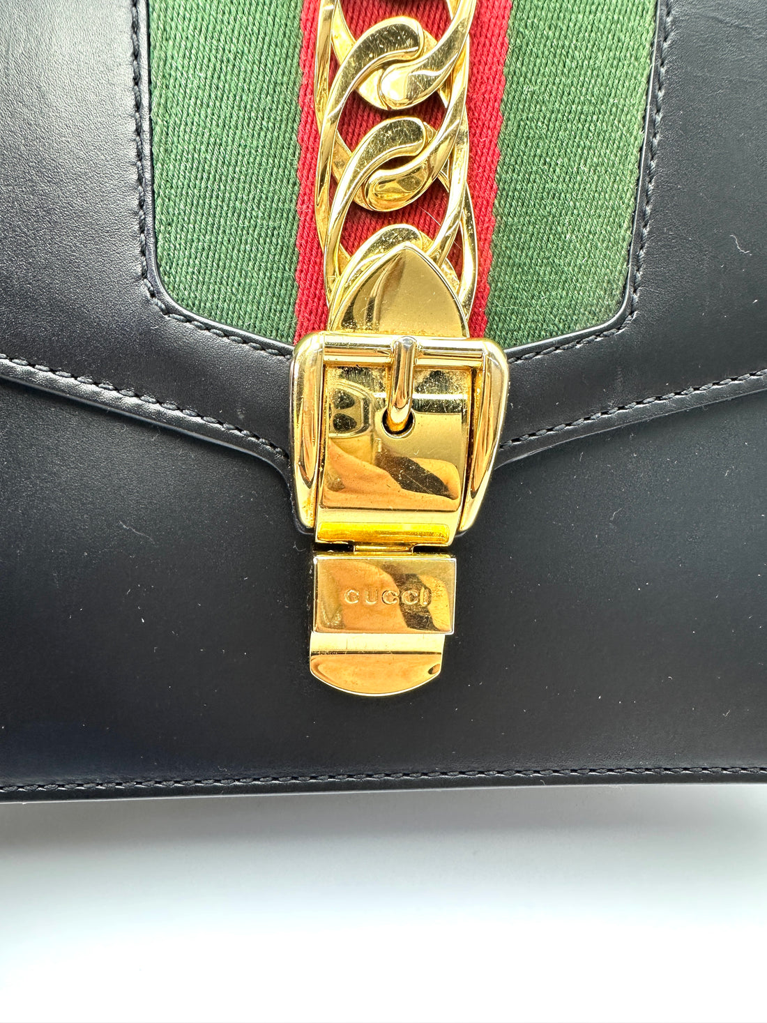 Gucci Sylvie Black Leather Medium Size Shoulder Bag GG1166