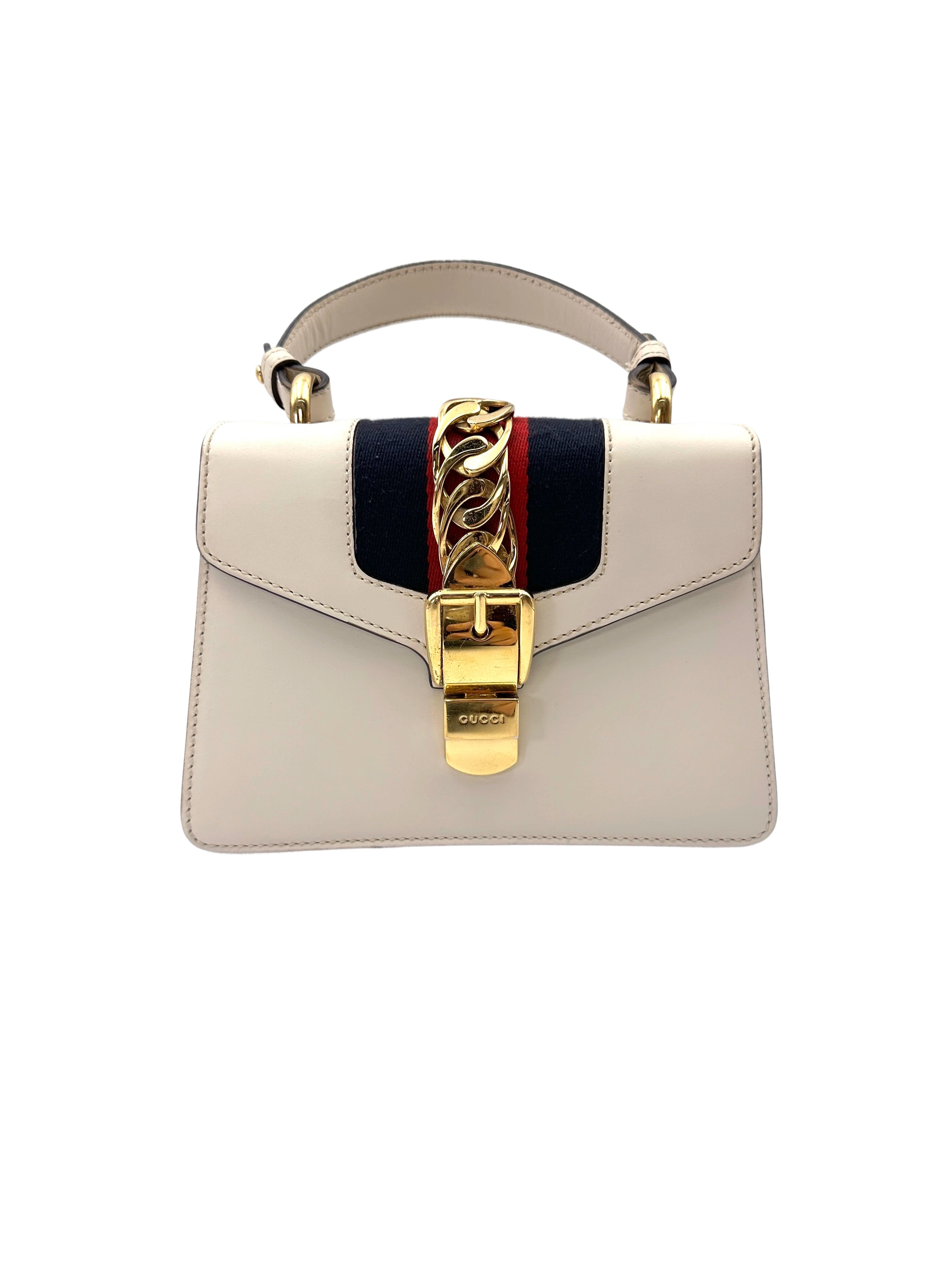 Gucci Sylvie White Leather Medium Size Top Handle Bag GG1171
