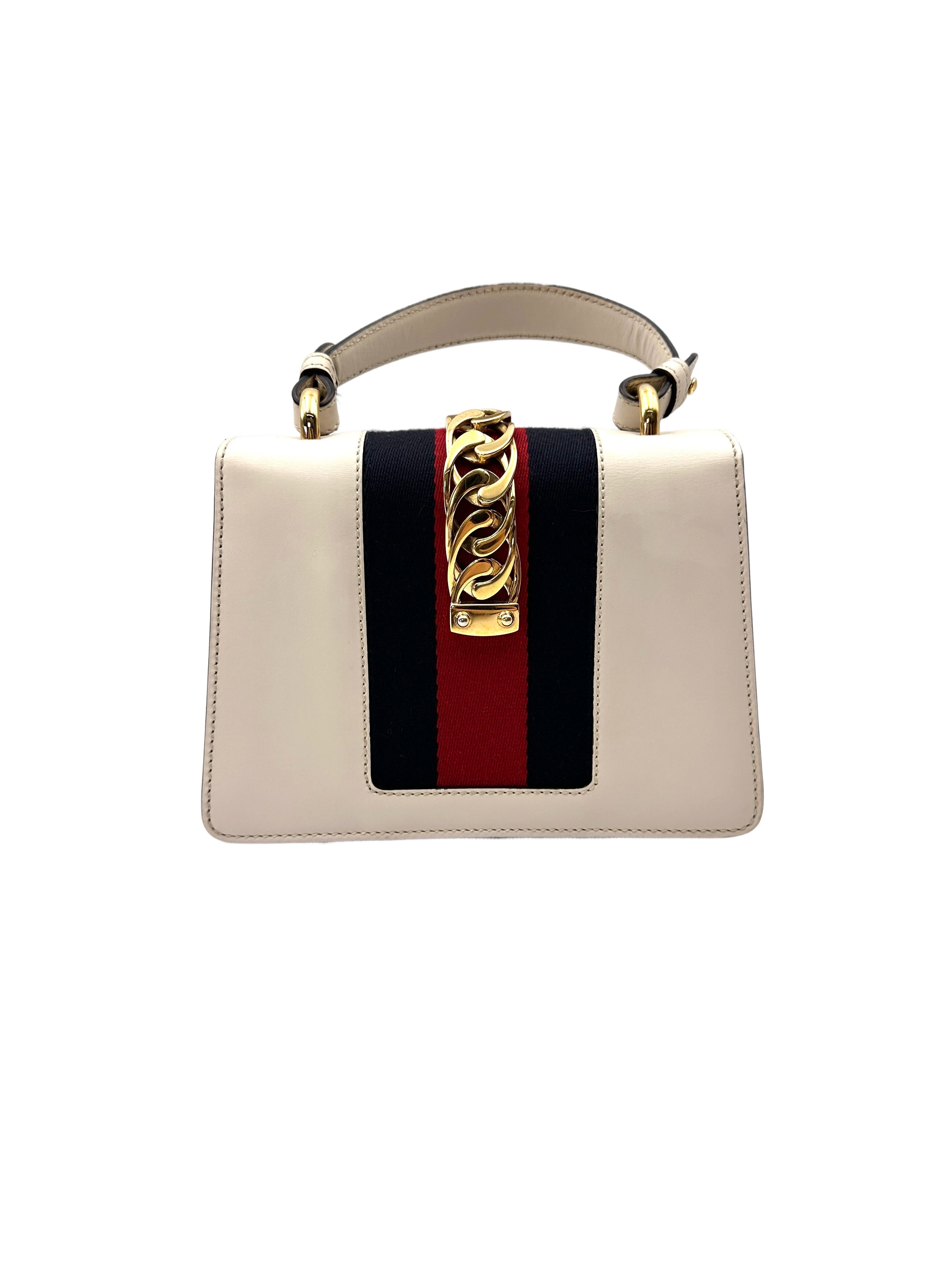 Gucci Sylvie White Leather Medium Size Top Handle Bag GG1171