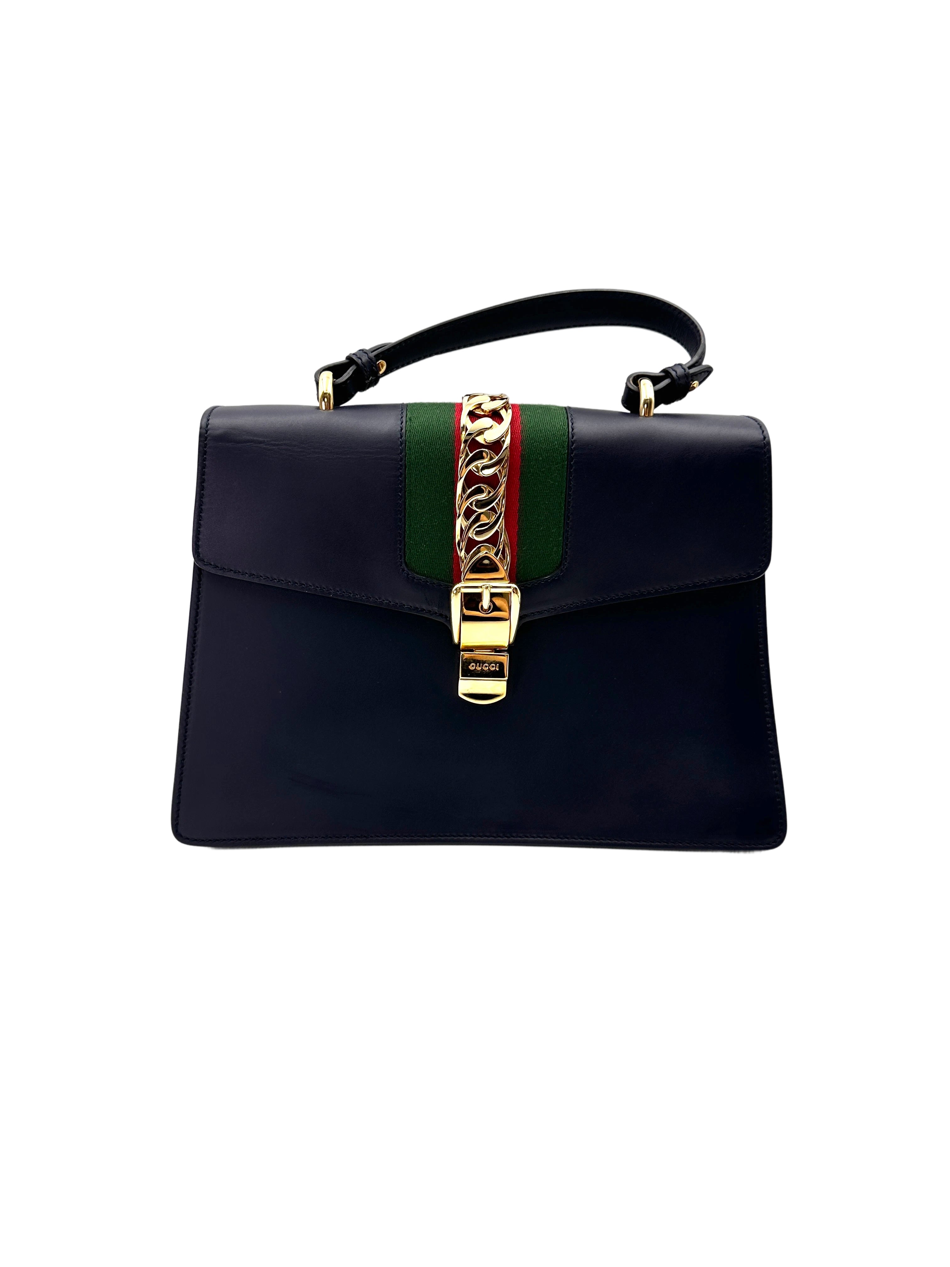 Gucci Sylvie Black Leather Large Size Top Handle Bag GG1172