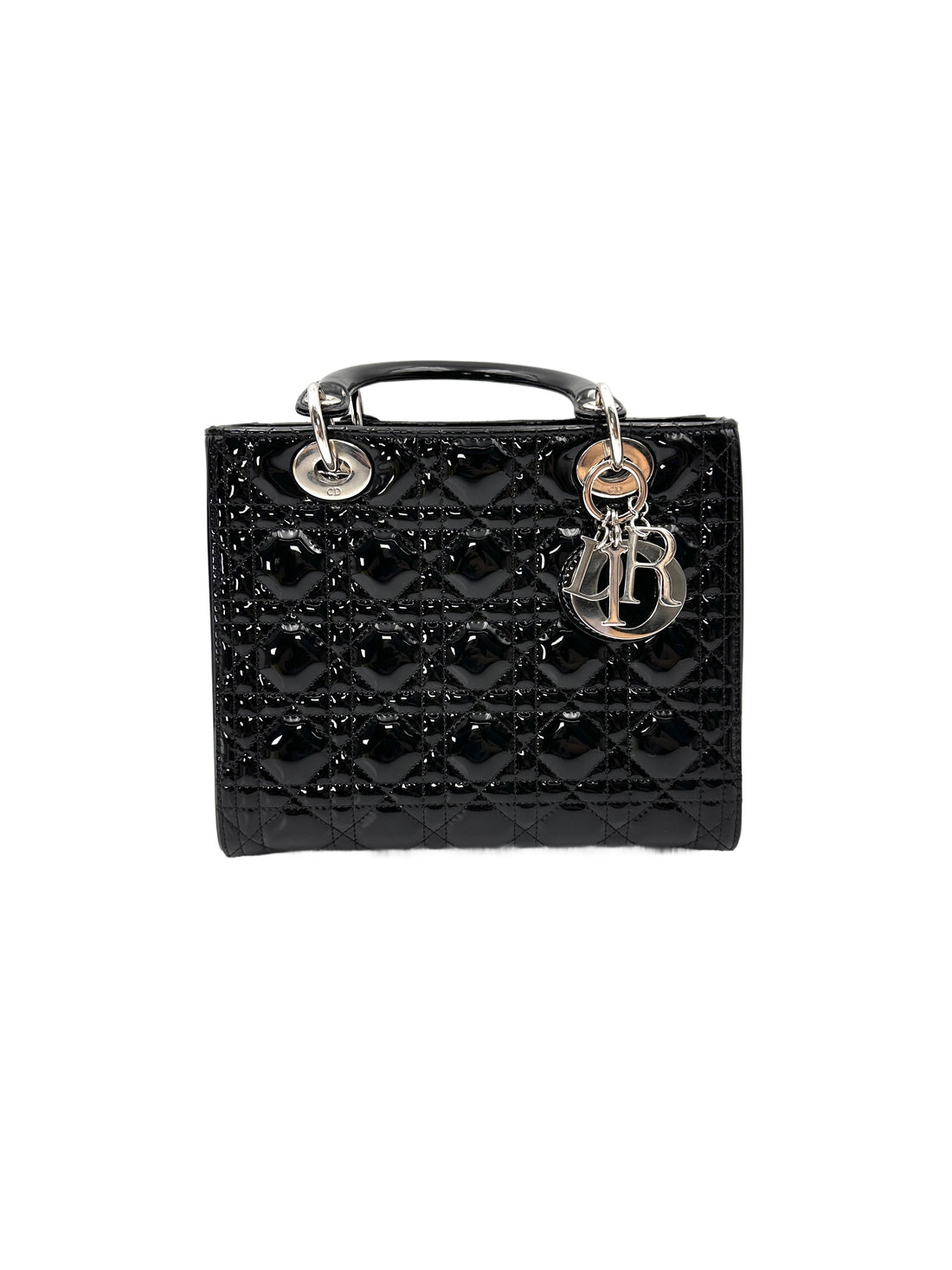 Christian Dior Lady Dior Black Patent Leather Handle Bag With Silver Charms DR771