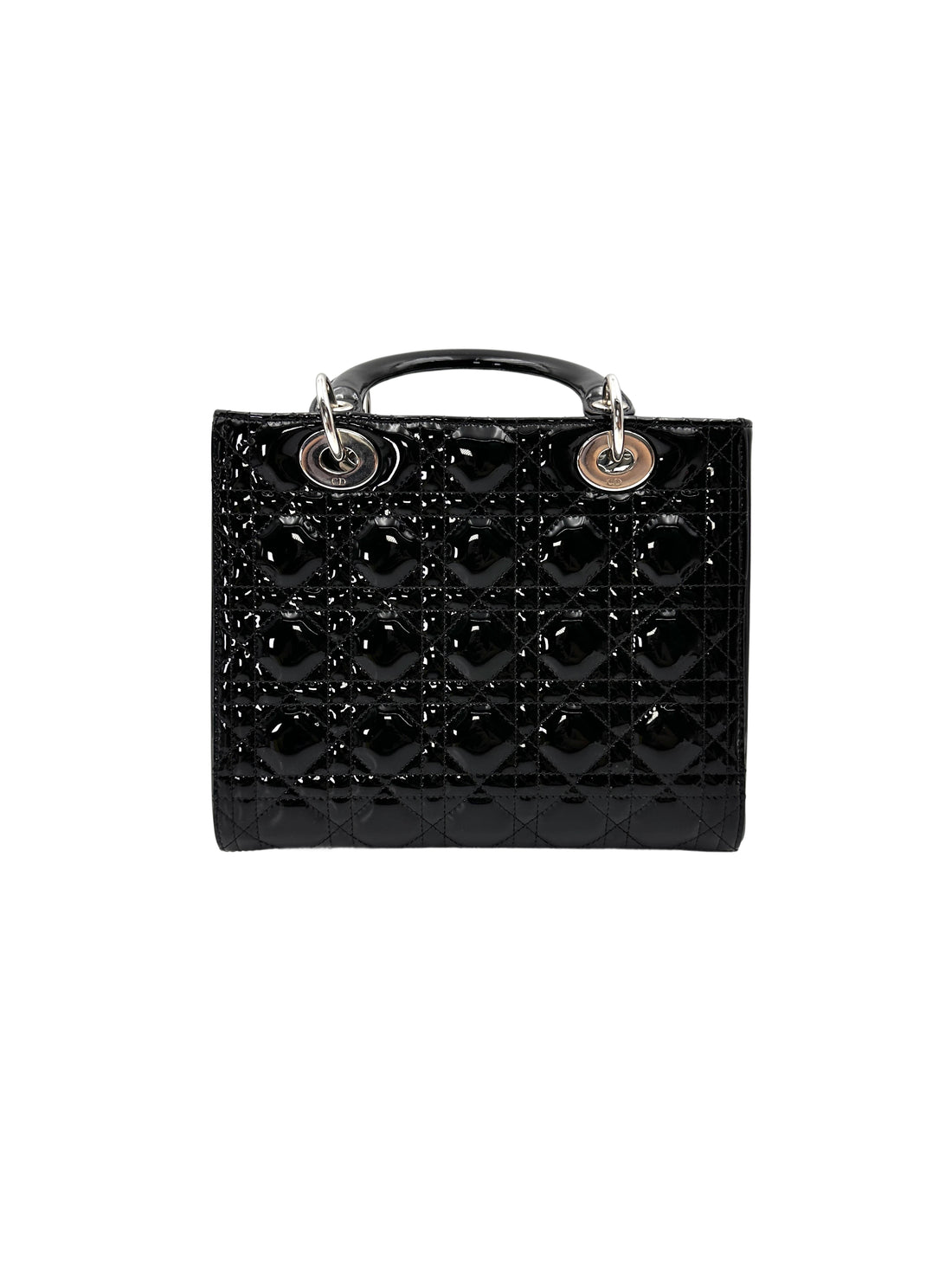 Christian Dior Lady Dior Black Patent Leather Handle Bag With Silver Charms DR771