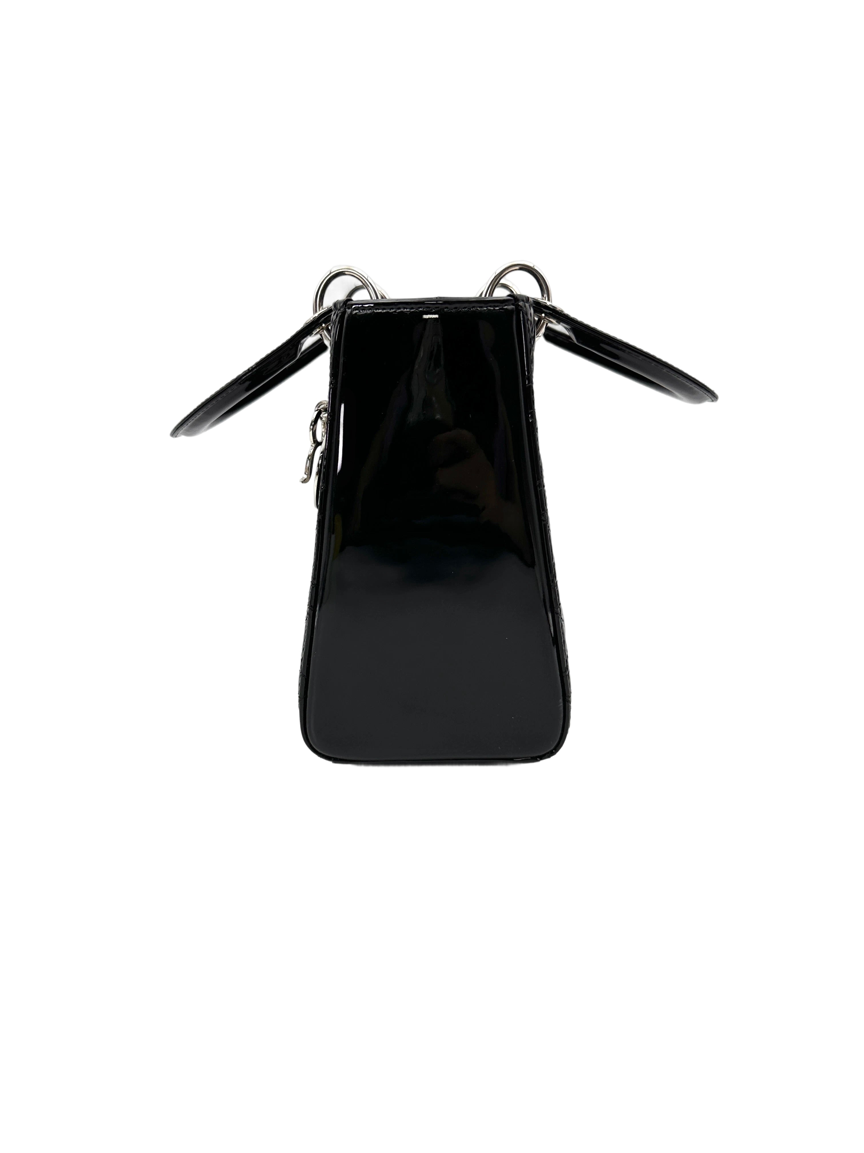 Christian Dior Lady Dior Black Patent Leather Handle Bag With Silver Charms DR771