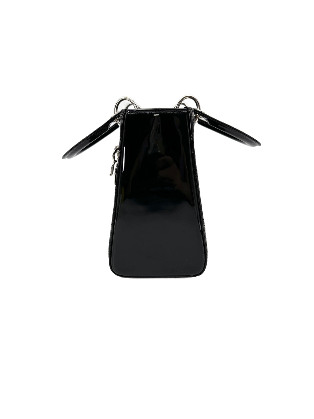 Christian Dior Lady Dior Black Patent Leather Handle Bag With Silver Charms DR771