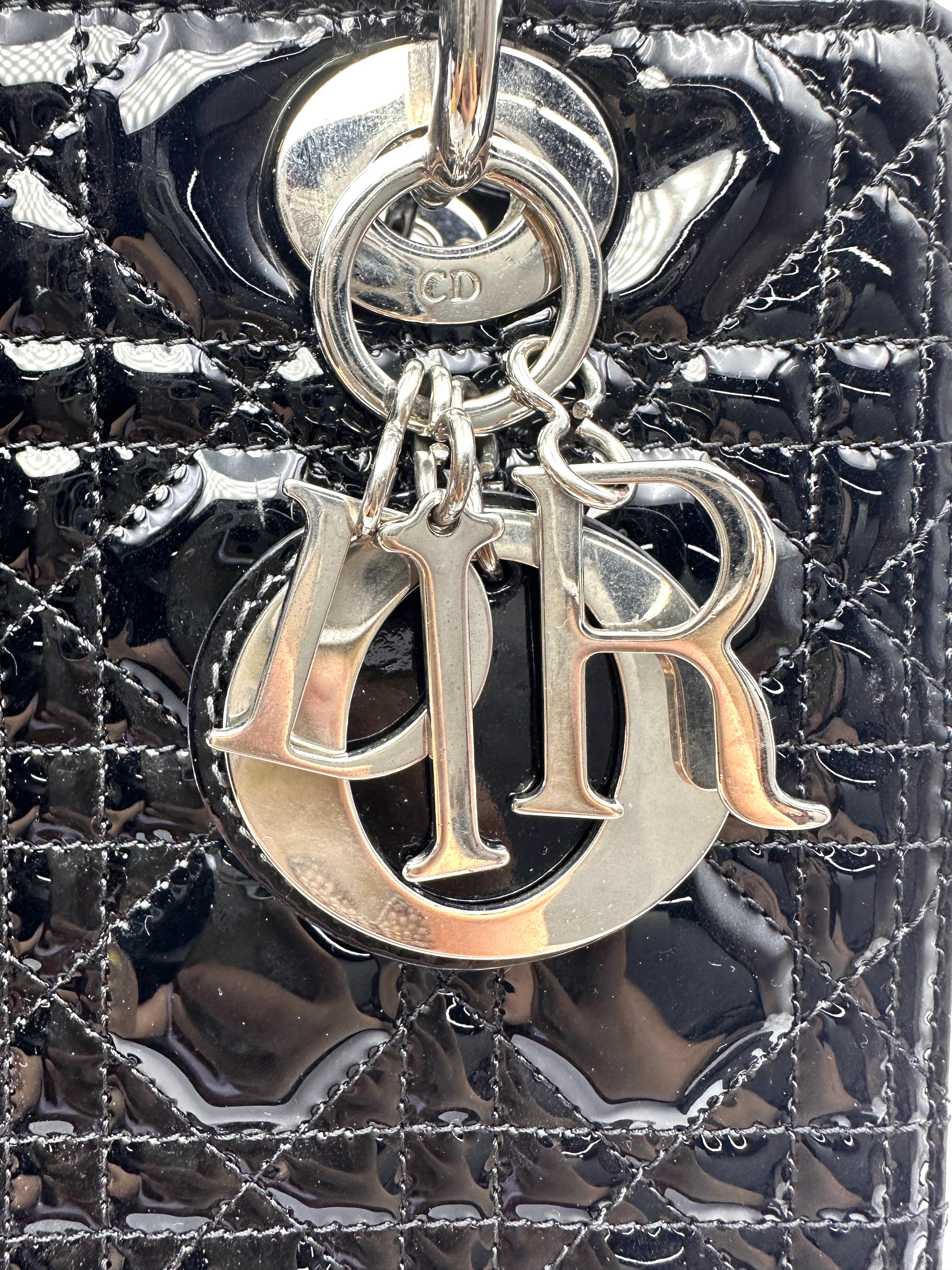 Christian Dior Lady Dior Black Patent Leather Handle Bag With Silver Charms DR771