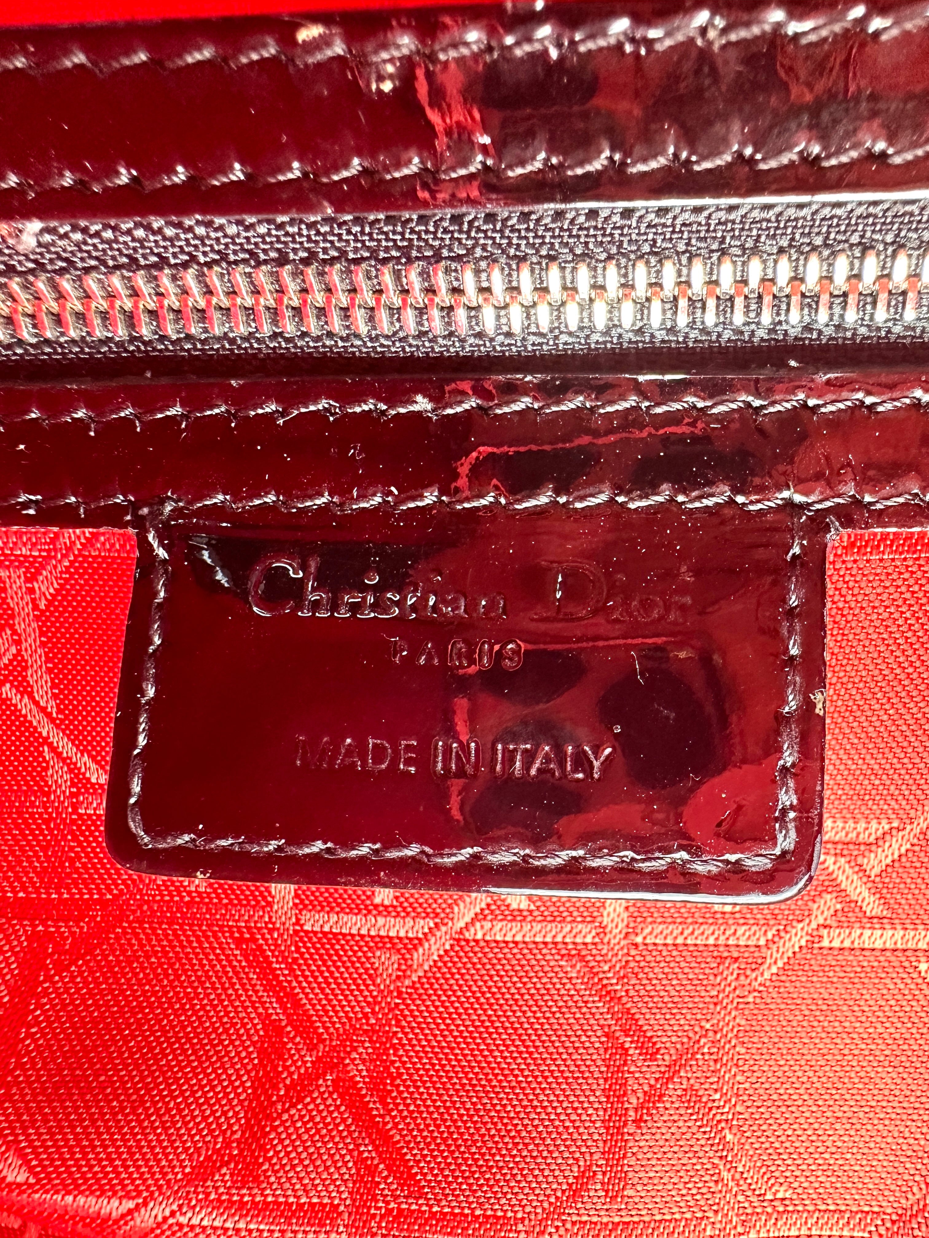 Christian Dior Lady Dior Black Patent Leather Handle Bag With Silver Charms DR771