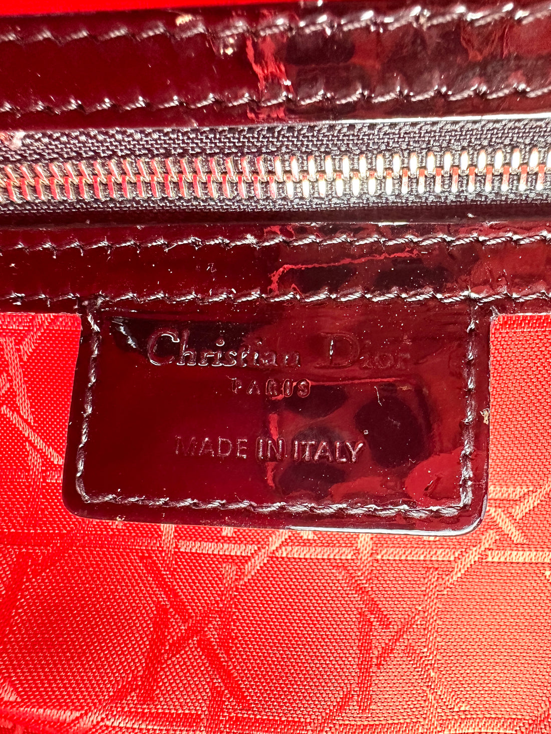 Christian Dior Lady Dior Black Patent Leather Handle Bag With Silver Charms DR771