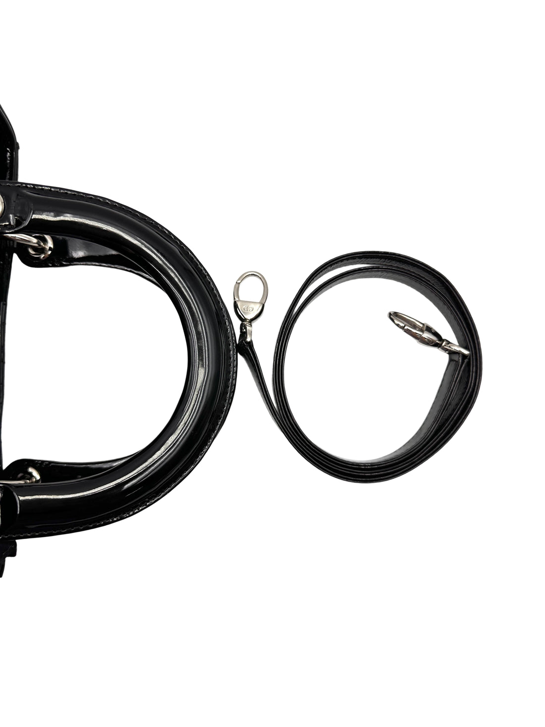 Christian Dior Lady Dior Black Patent Leather Handle Bag With Silver Charms DR771
