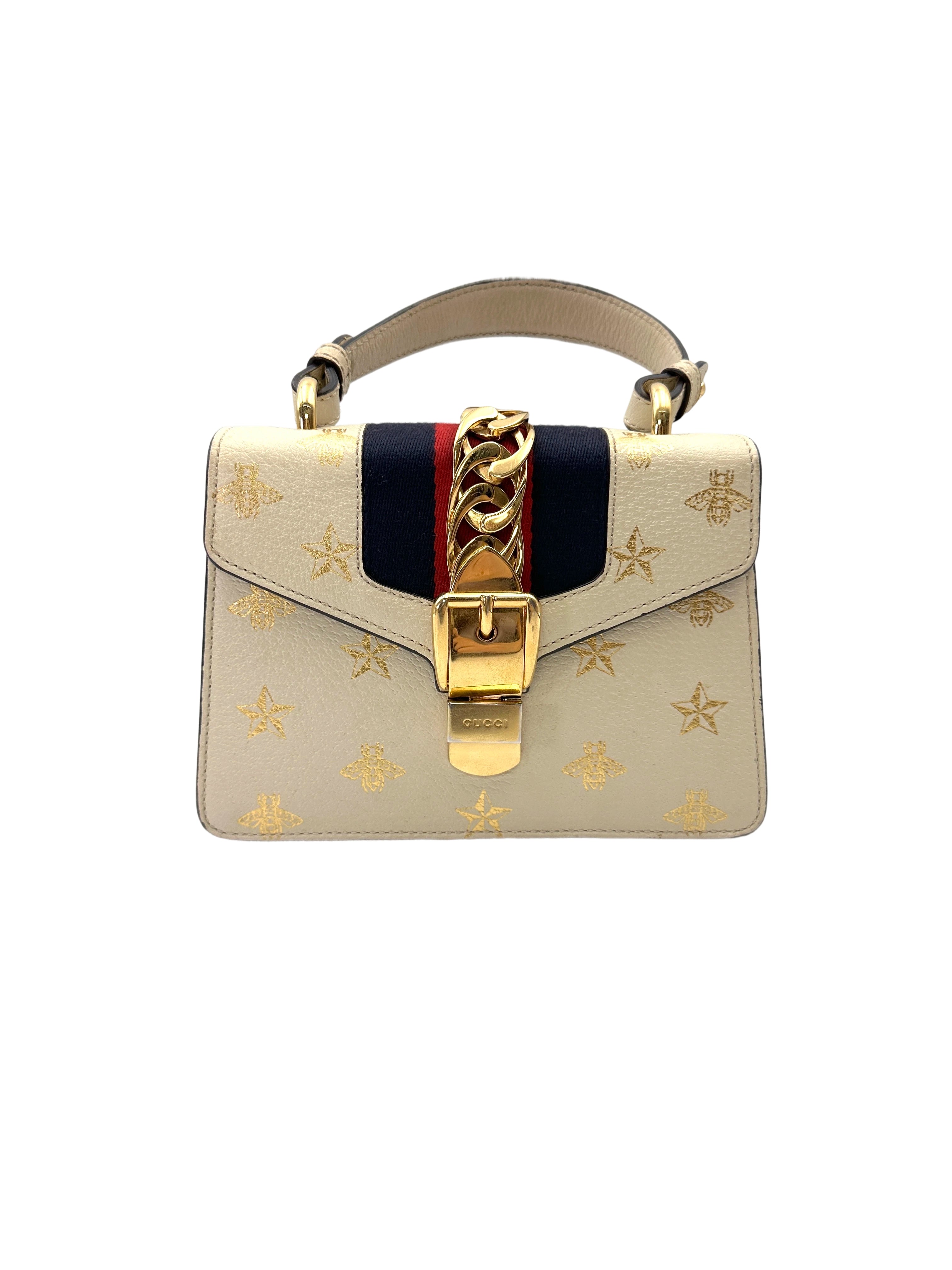 Gucci Sylvie Bee Star White Leather Small Size Top Handle Bag GG1180