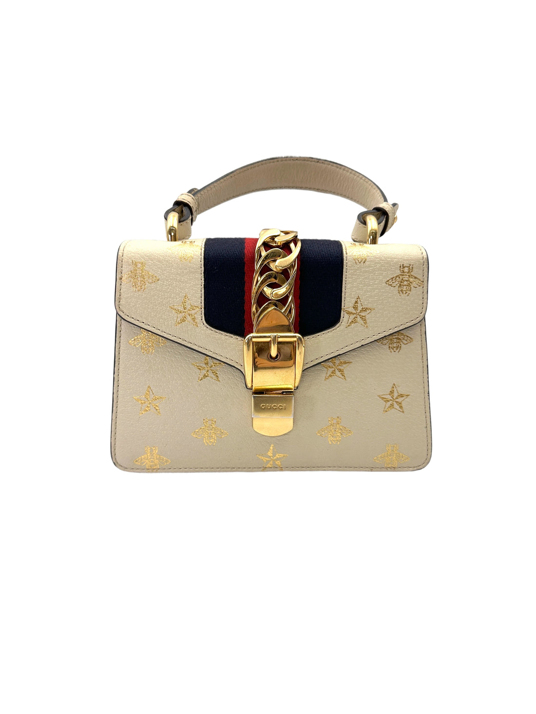 Gucci Sylvie Bee Star White Leather Small Size Top Handle Bag GG1180