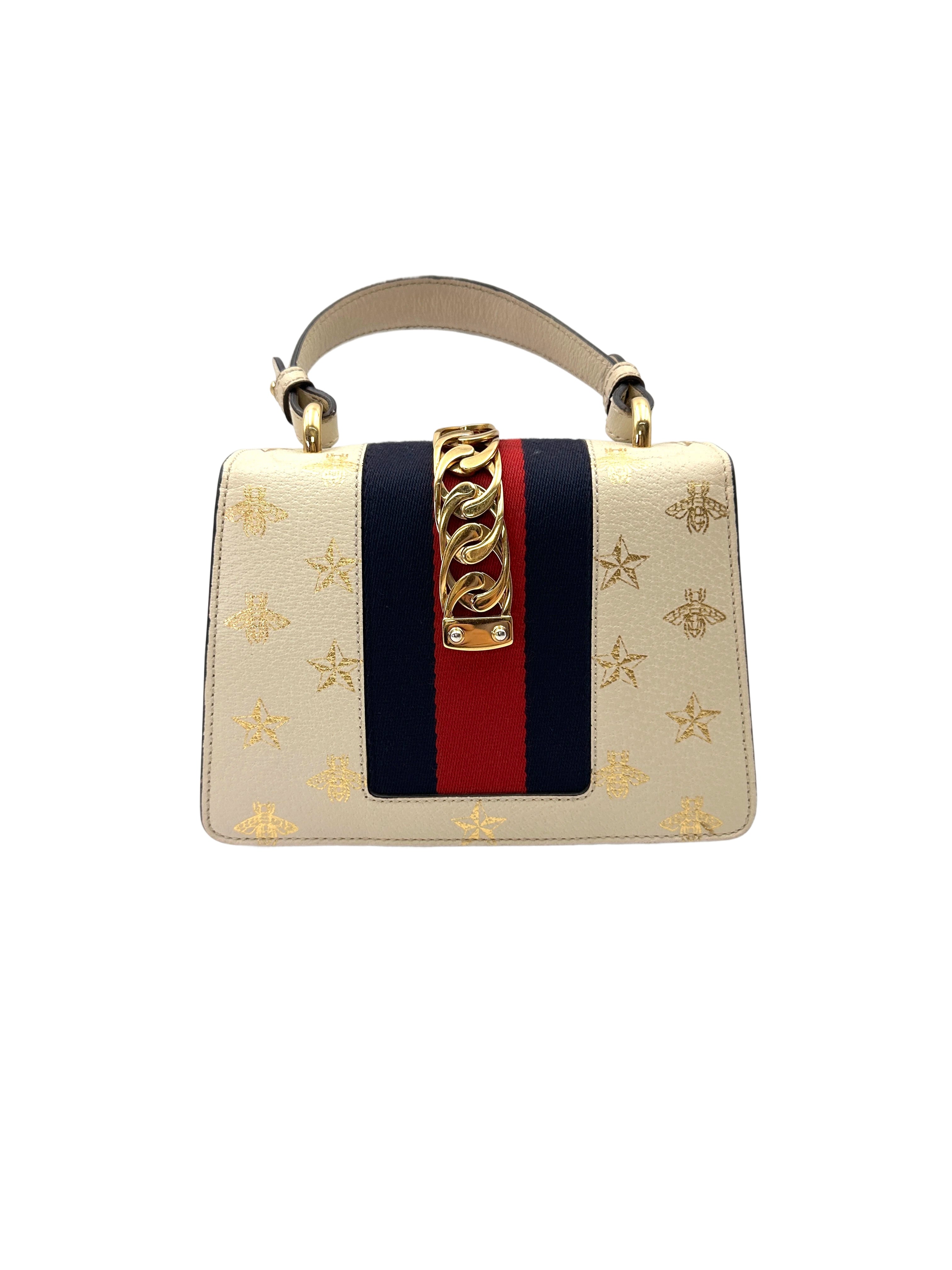 Gucci Sylvie Bee Star White Leather Small Size Top Handle Bag GG1180