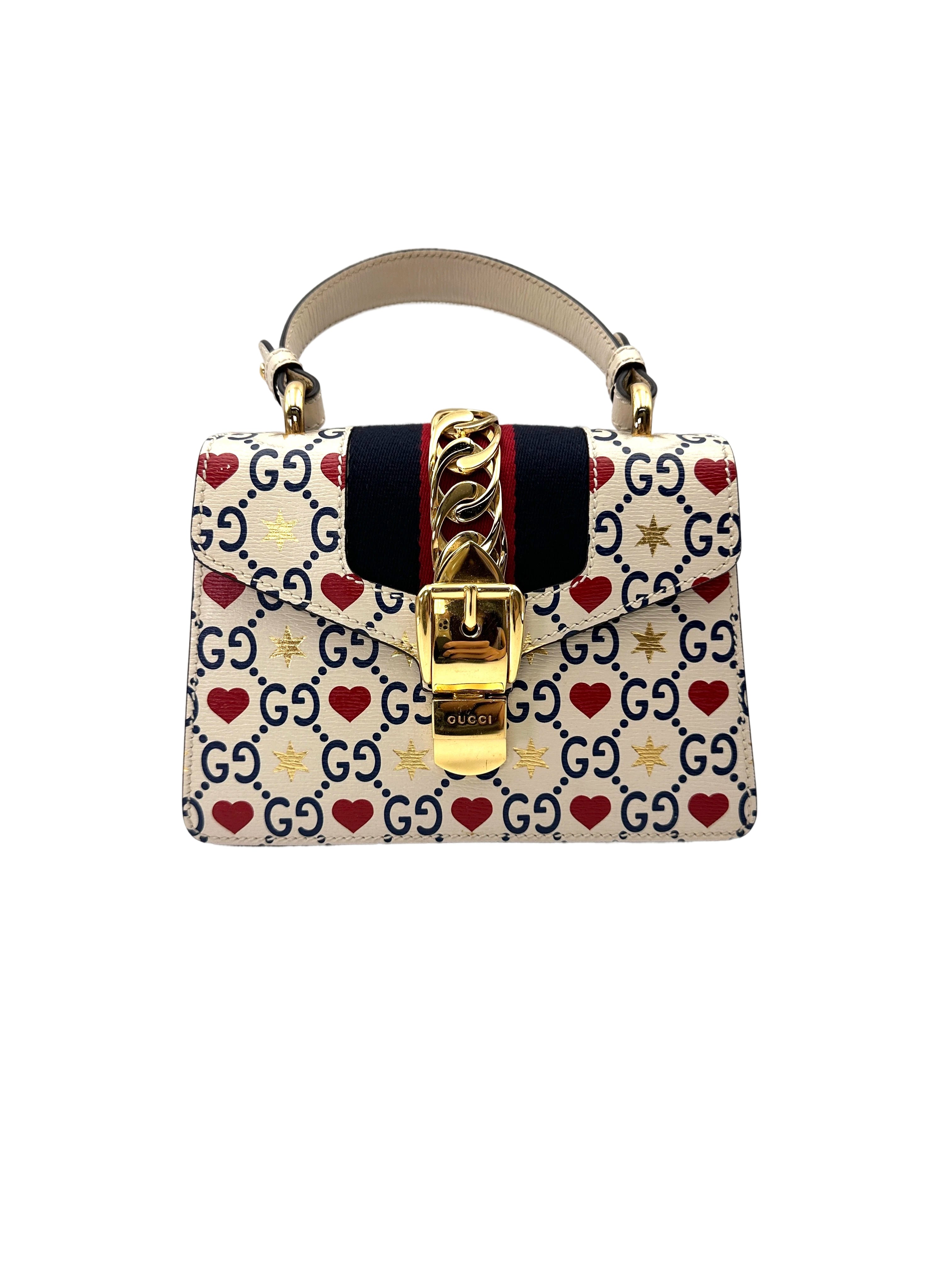 Gucci Sylvie Love Heart Stars GG Monogram Canvas Leather Small Size Top Handle Bag GG1181