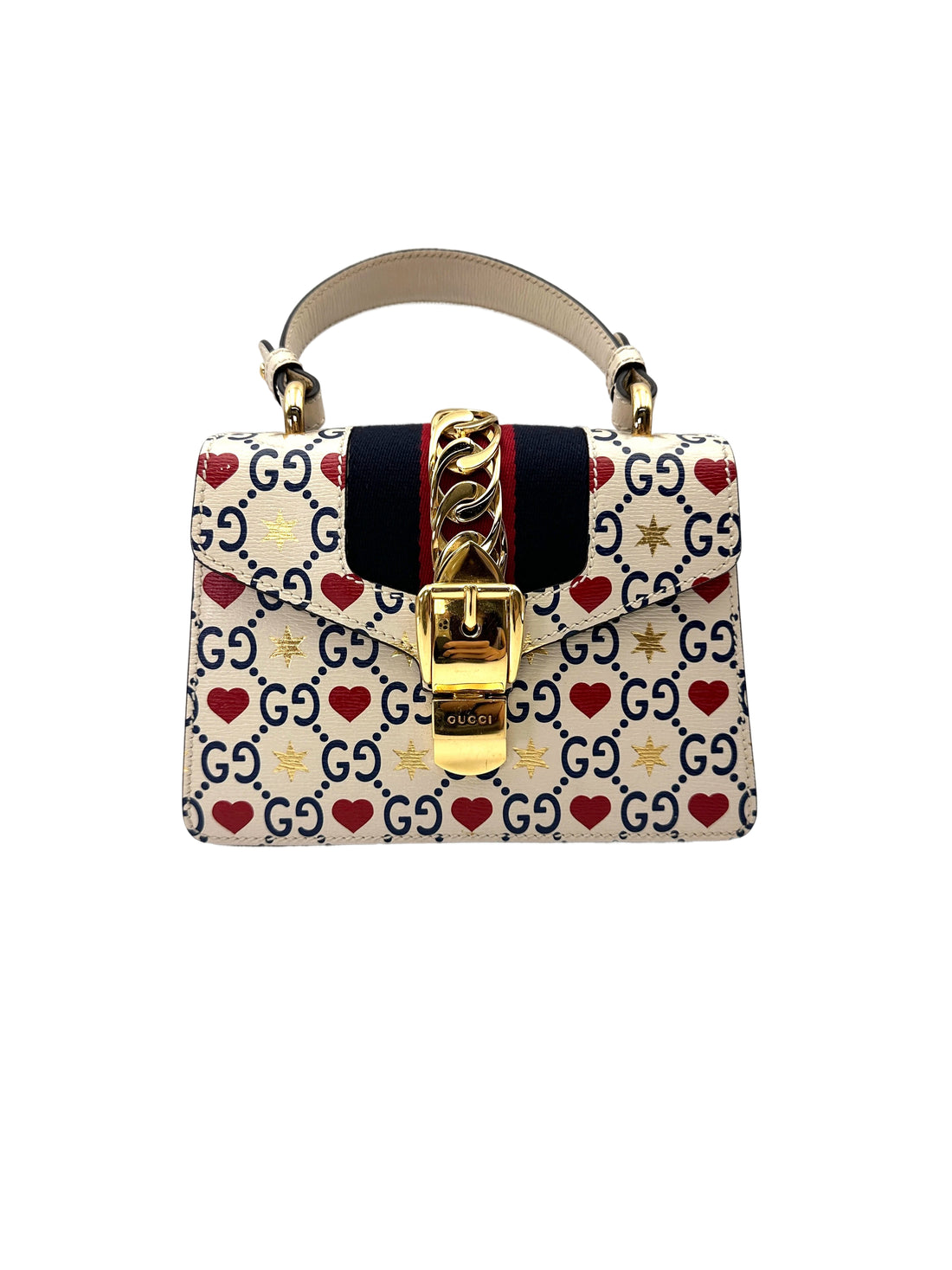 Gucci Sylvie Love Heart Stars GG Monogram Canvas Leather Small Size Top Handle Bag GG1181