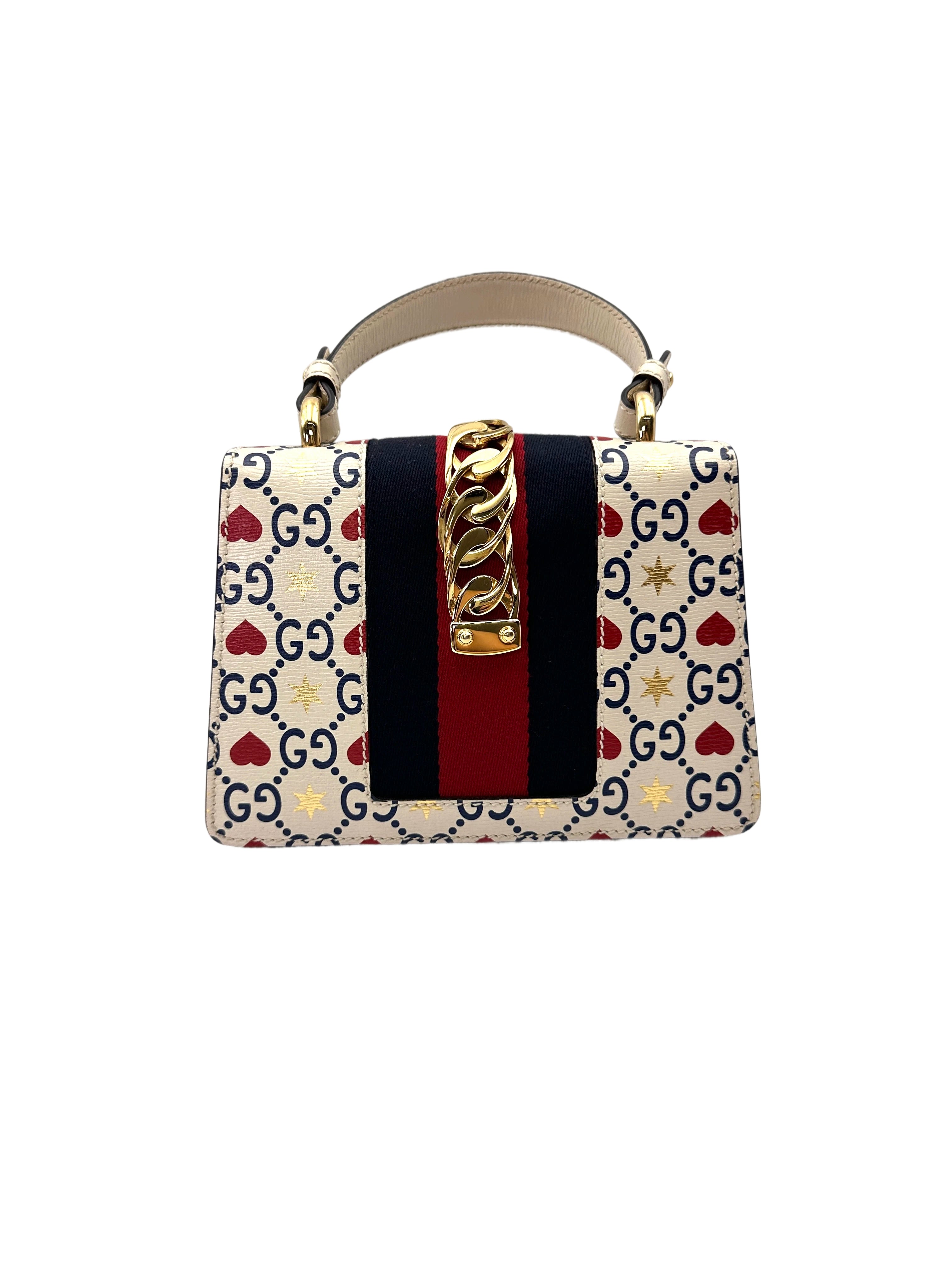 Gucci Sylvie Love Heart Stars GG Monogram Canvas Leather Small Size Top Handle Bag GG1181