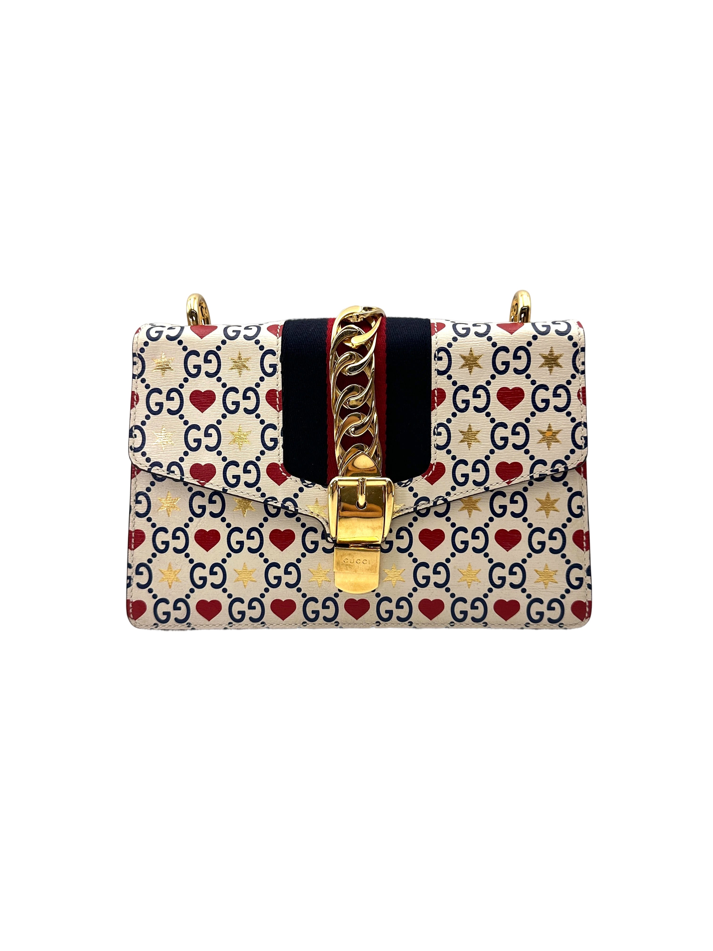 Gucci Sylvie Love Heart Stars GG Monogram Canvas Leather Medium Size Shoulder Bag GG1183