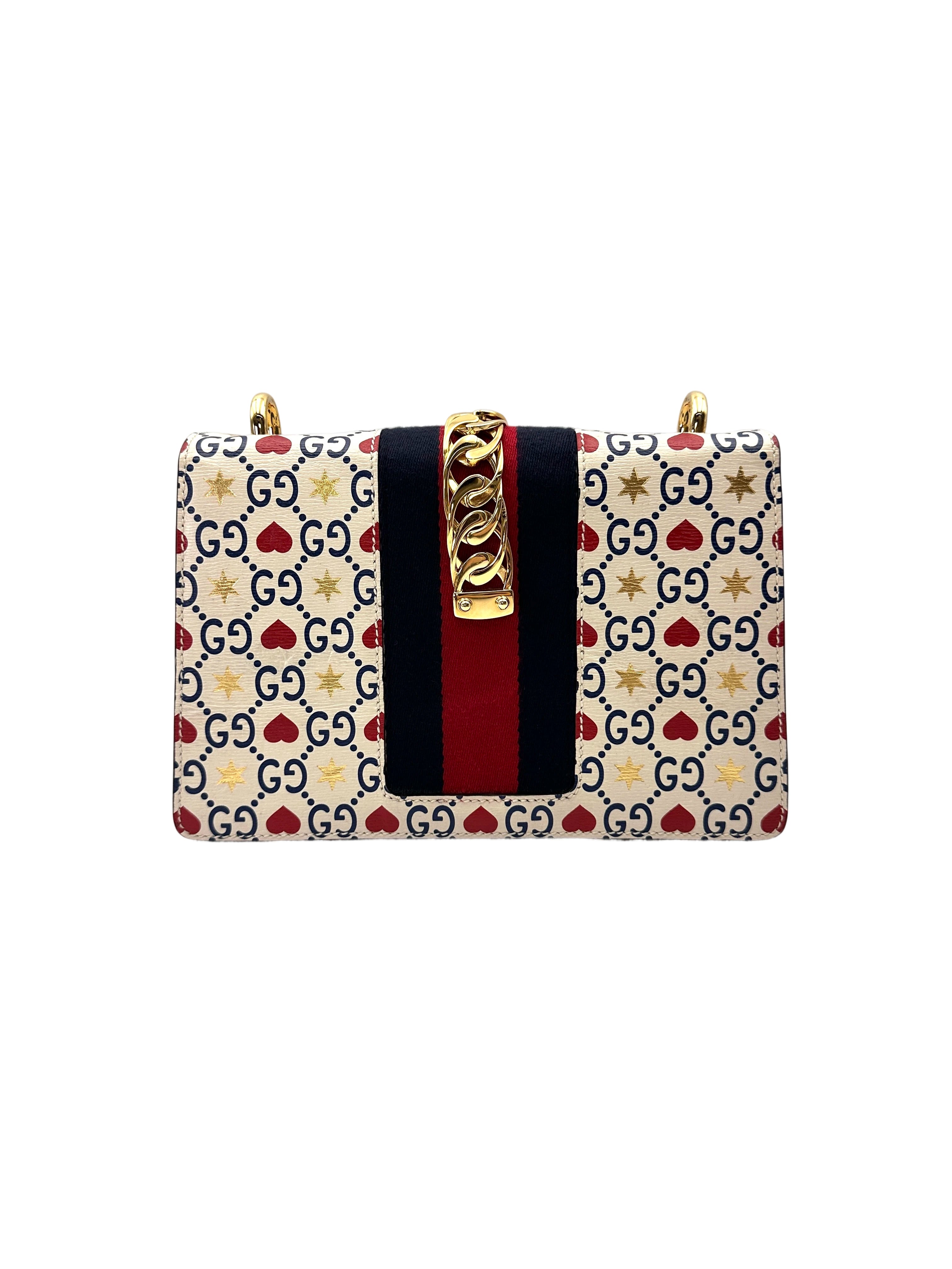 Gucci Sylvie Love Heart Stars GG Monogram Canvas Leather Medium Size Shoulder Bag GG1183