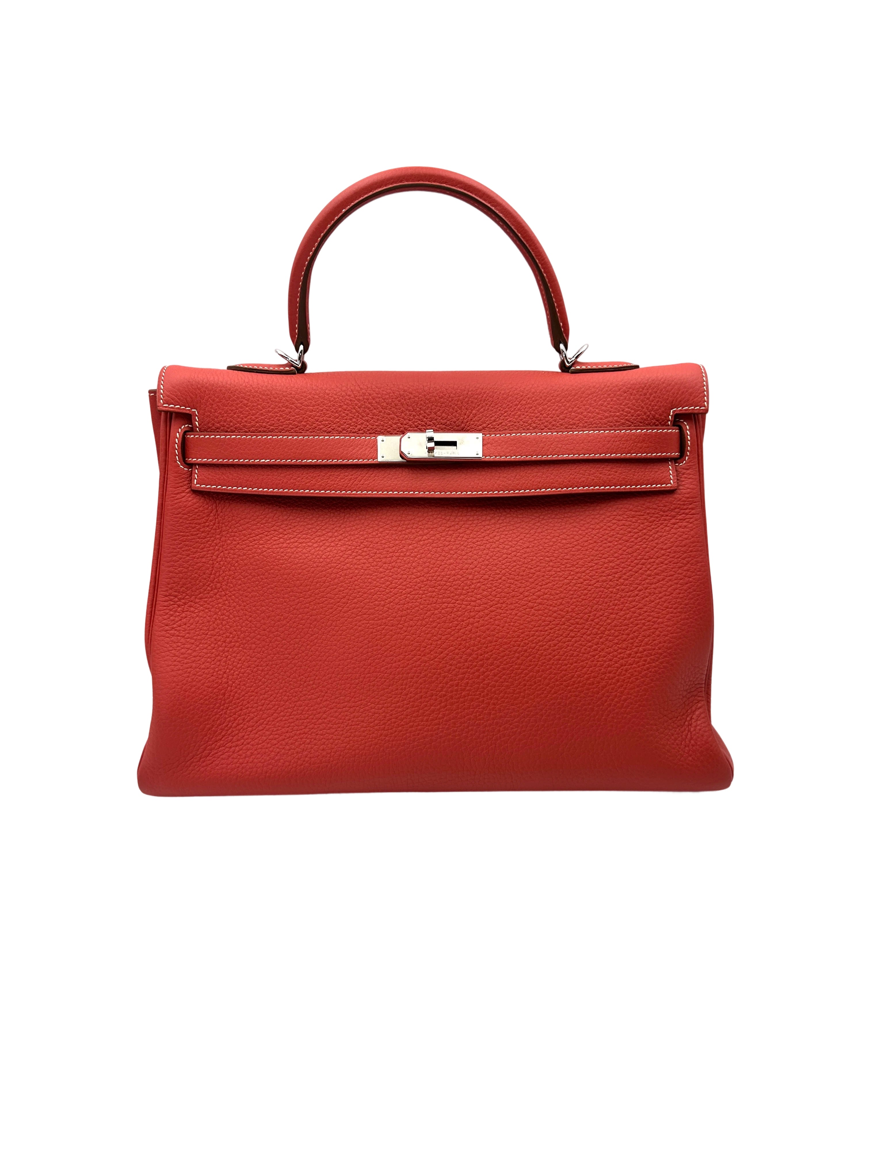 Hermes Kelly35 Red Leather Top Handle Bag With Silver Hardware HR118