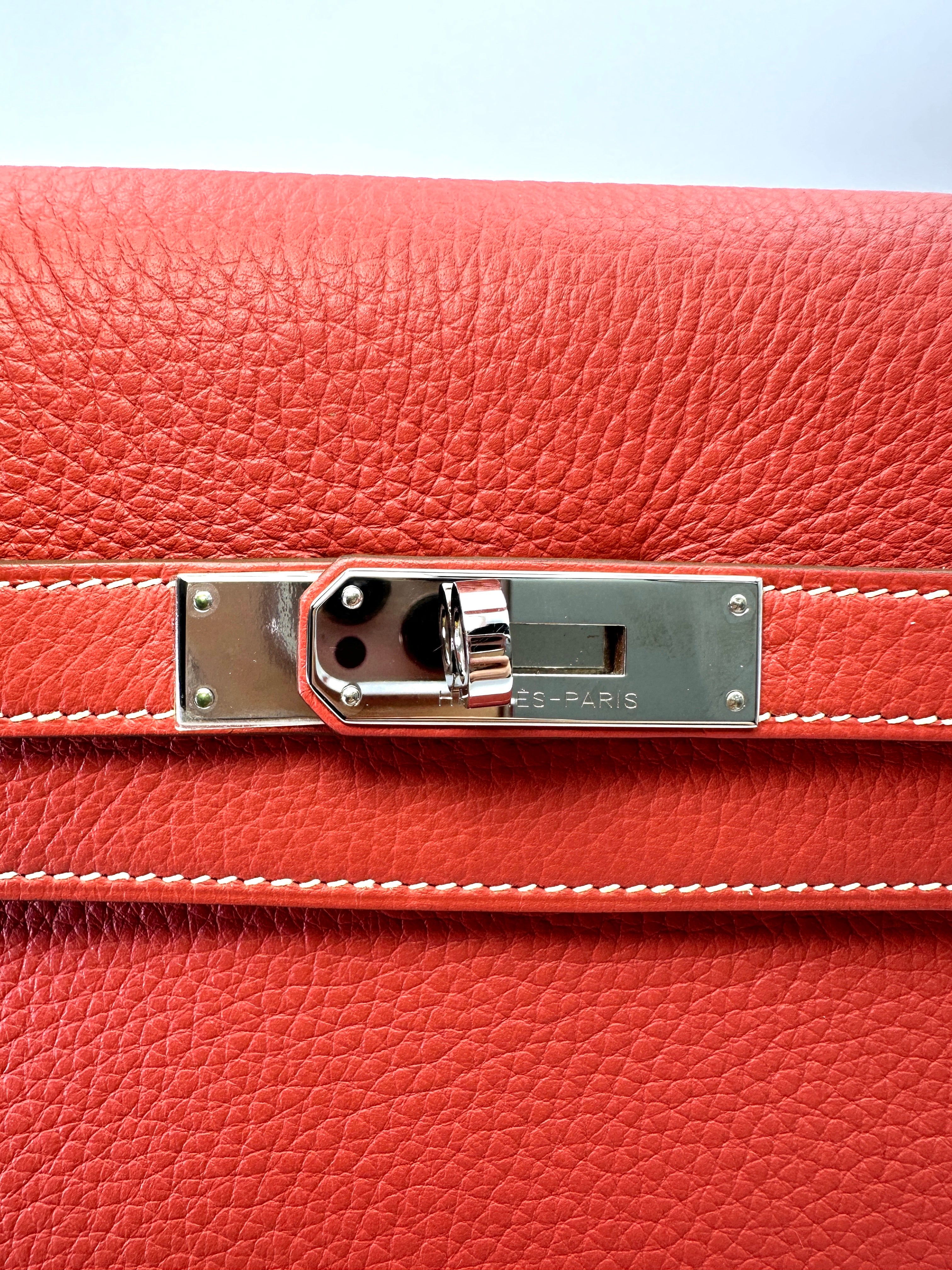 Hermes Kelly35 Red Leather Top Handle Bag With Silver Hardware HR118